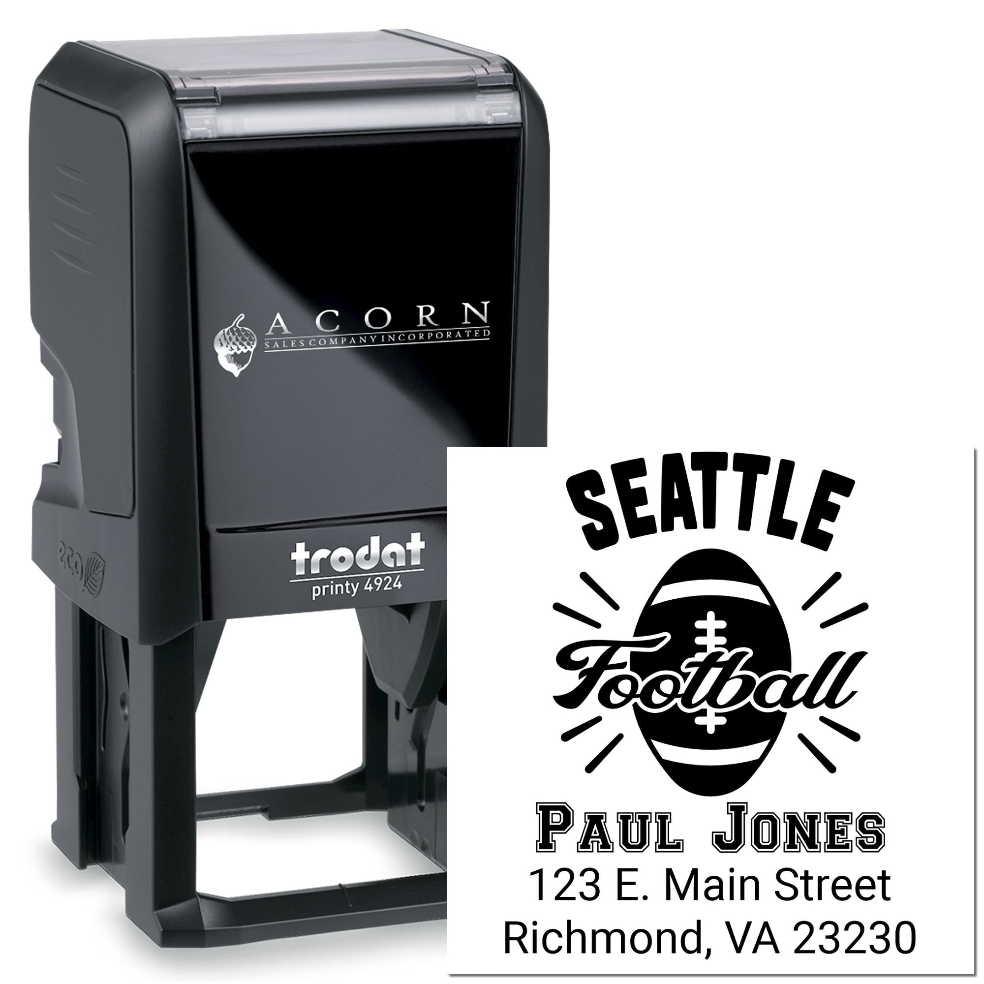 Custom self-inking Trodat Printy 4924 rubber stamp with football logo, name, and address for personalized sports branding.