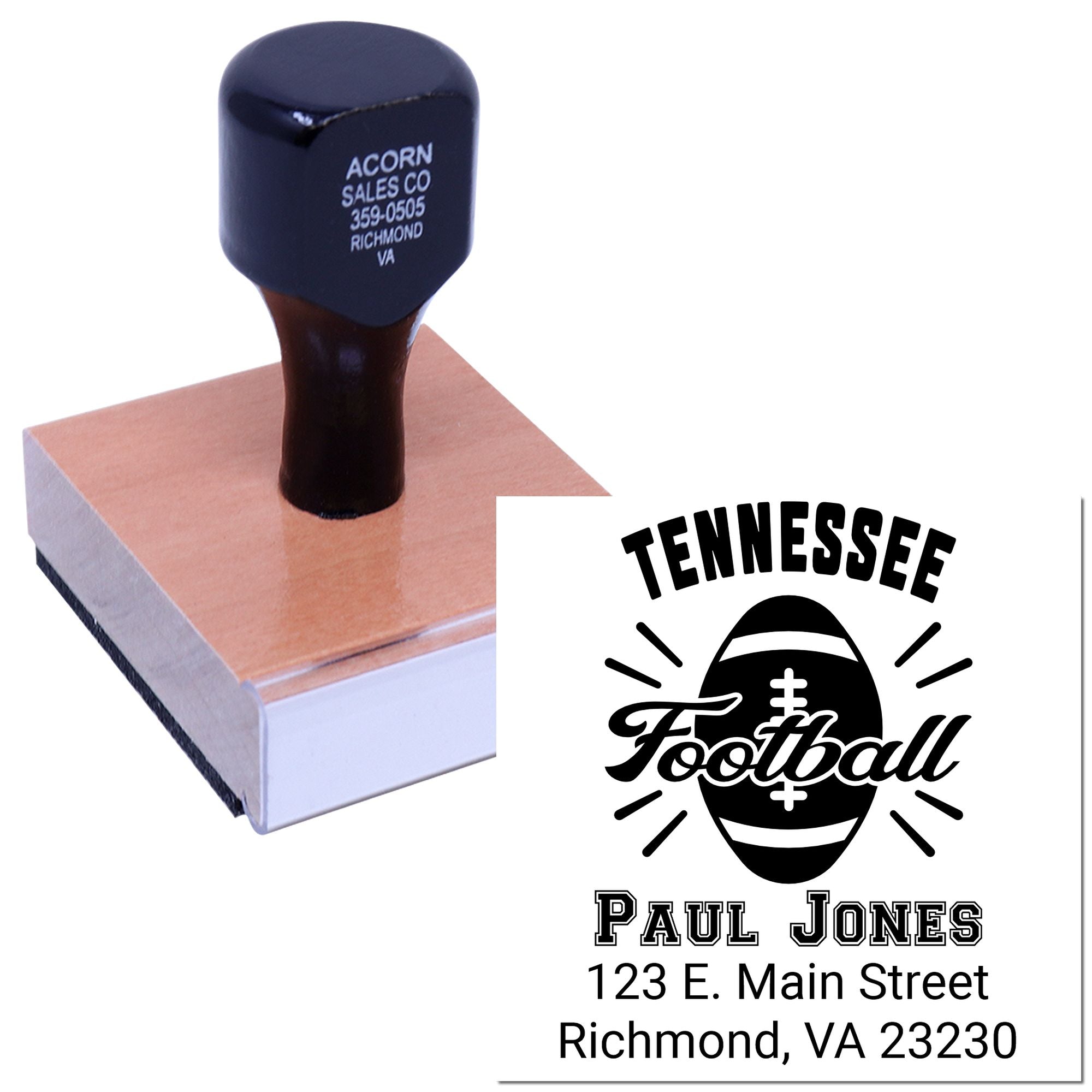 Custom Tennessee Football rubber stamp with personalized name and address for team-themed stationery and packaging.