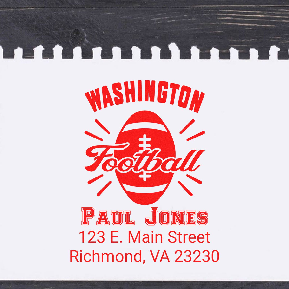 Custom Washington Football rubber stamp for Paul Jones with Richmond, VA 23230 address.