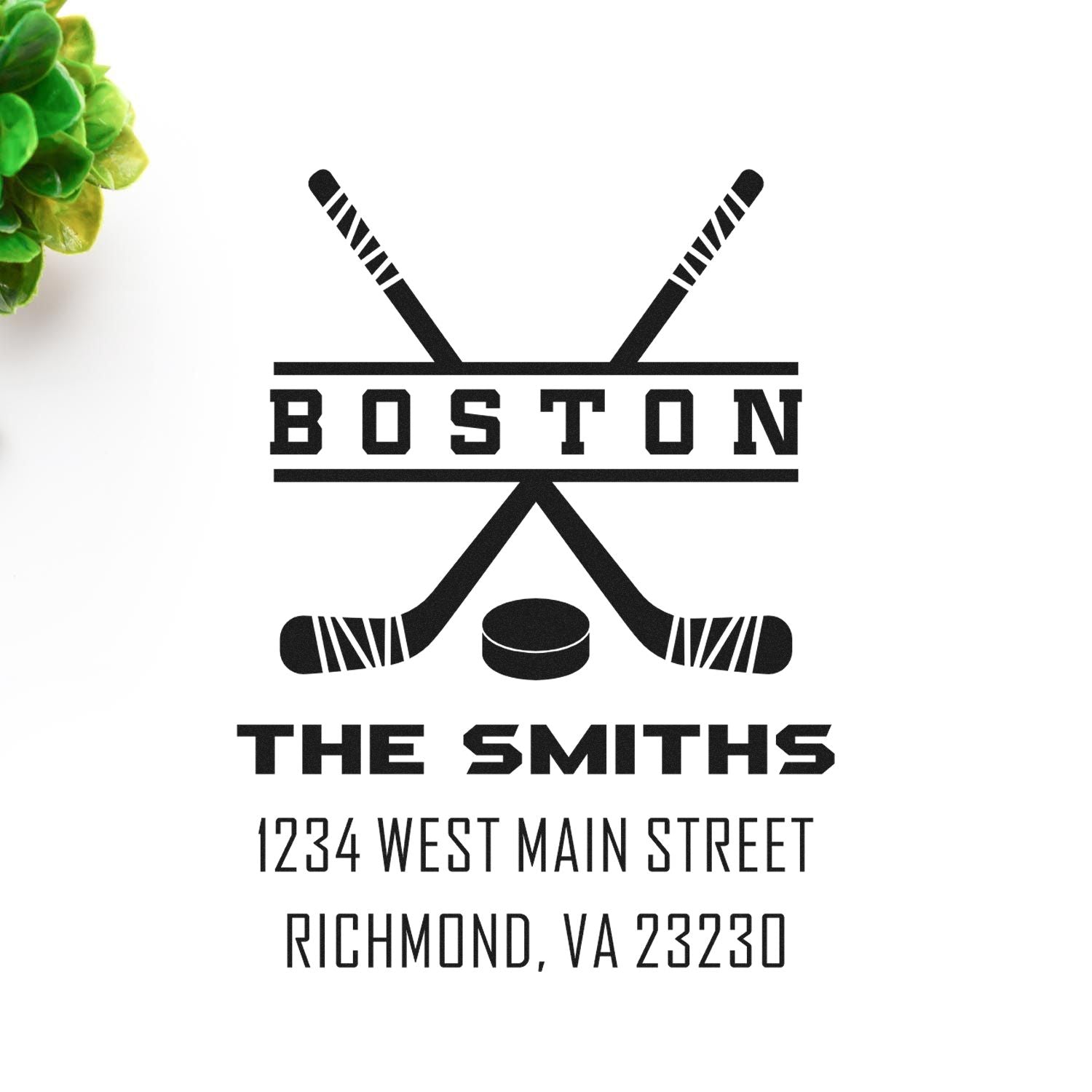 Custom hockey rubber stamp for The Smiths, featuring Boston team style logo and Richmond, VA 23230 return address.