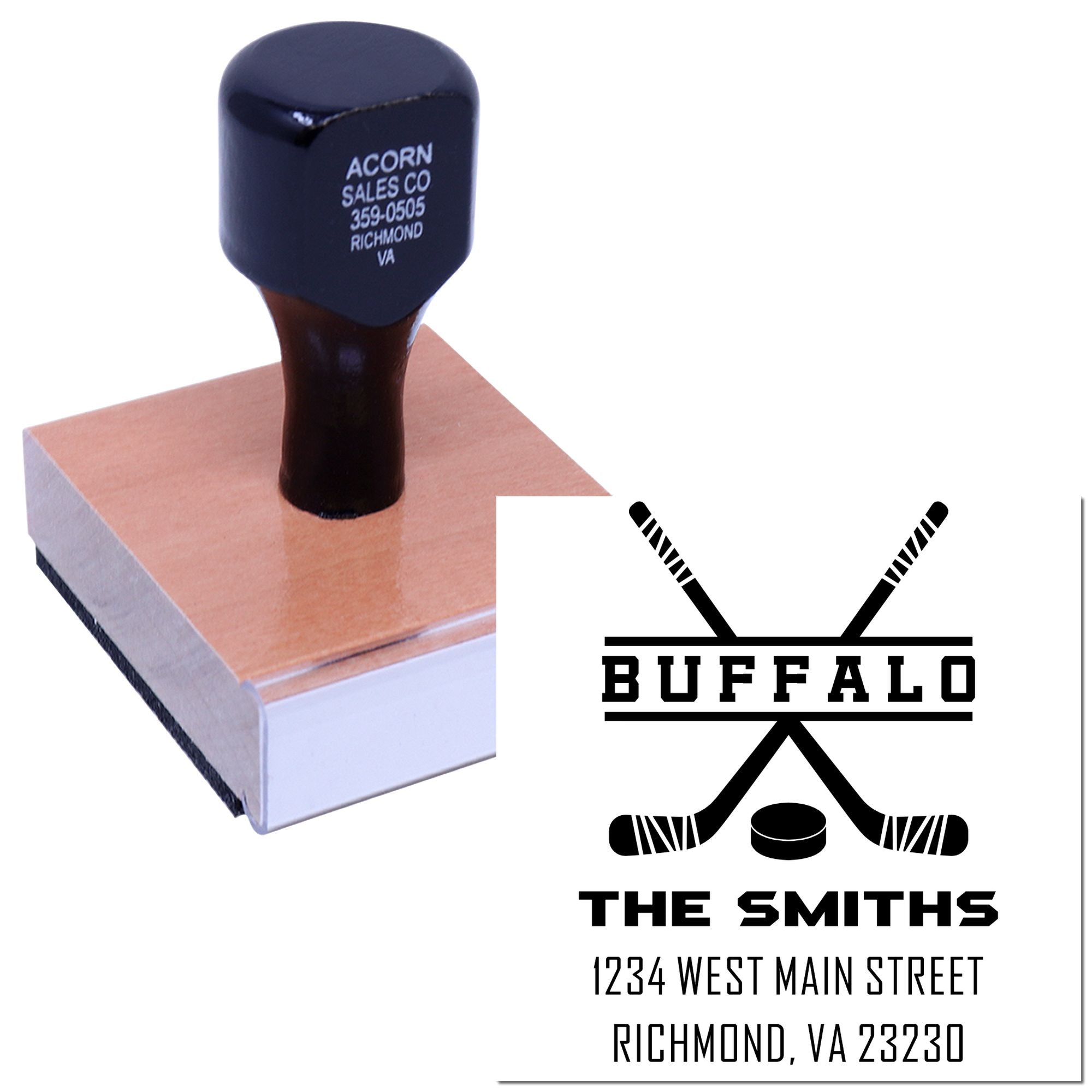 Custom self-inking rubber stamp with Buffalo The Smiths hockey logo and address for branding, mailing, and packaging.