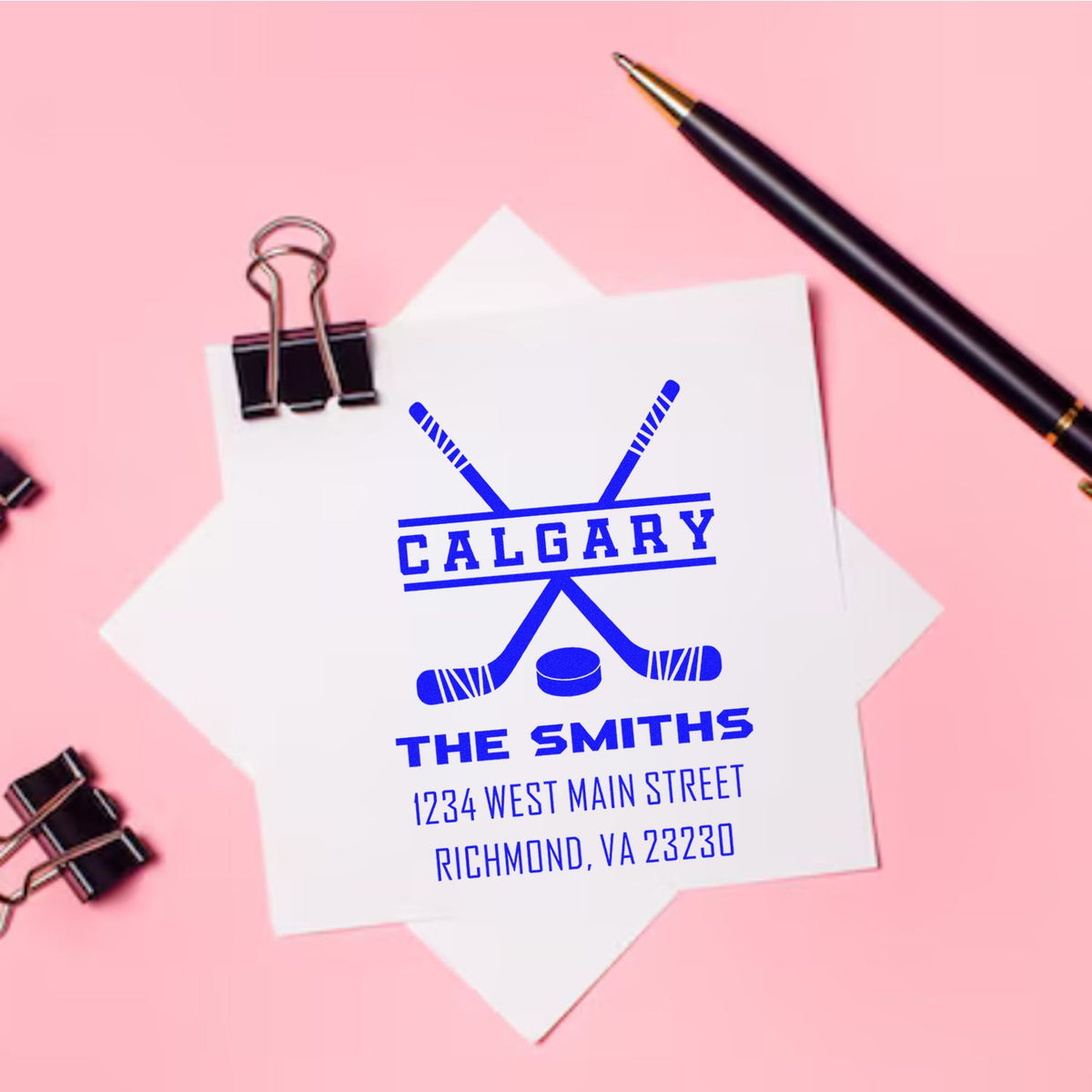 Custom hockey rubber stamp for The Smiths, Calgary, with mailing address for business stationery.