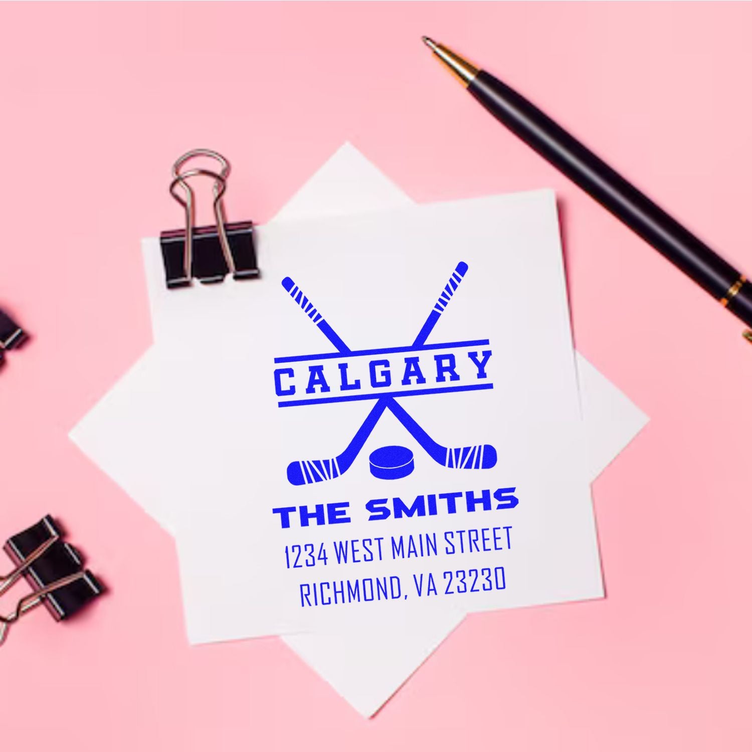 Custom hockey rubber stamp for The Smiths with Calgary name and address for stationery, branding, or packaging.