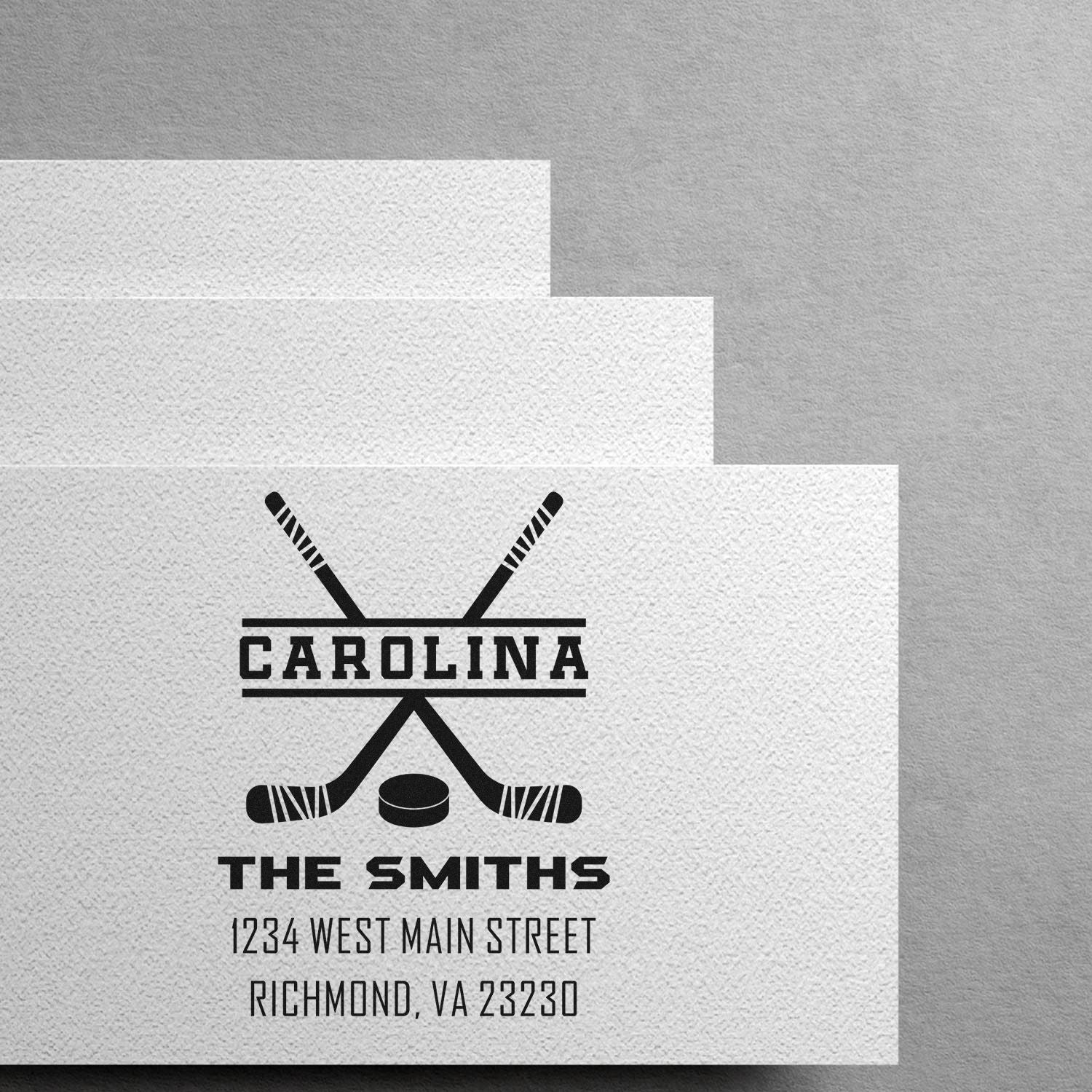 Custom hockey rubber stamp with Carolina design, The Smiths name, and return address for personalized mailings.