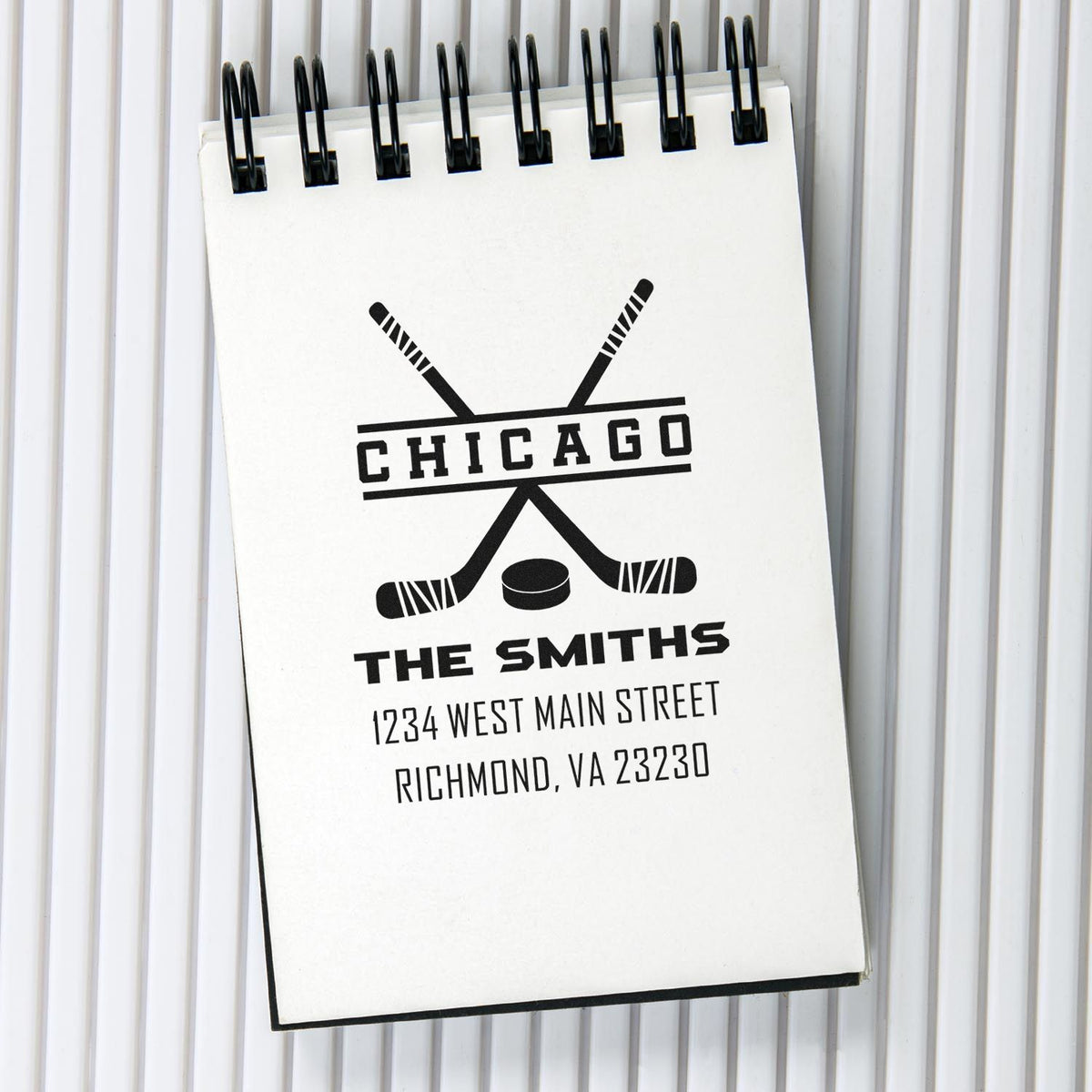 Custom hockey rubber stamp design with Chicago, The Smiths, and return address for personalized stationery.