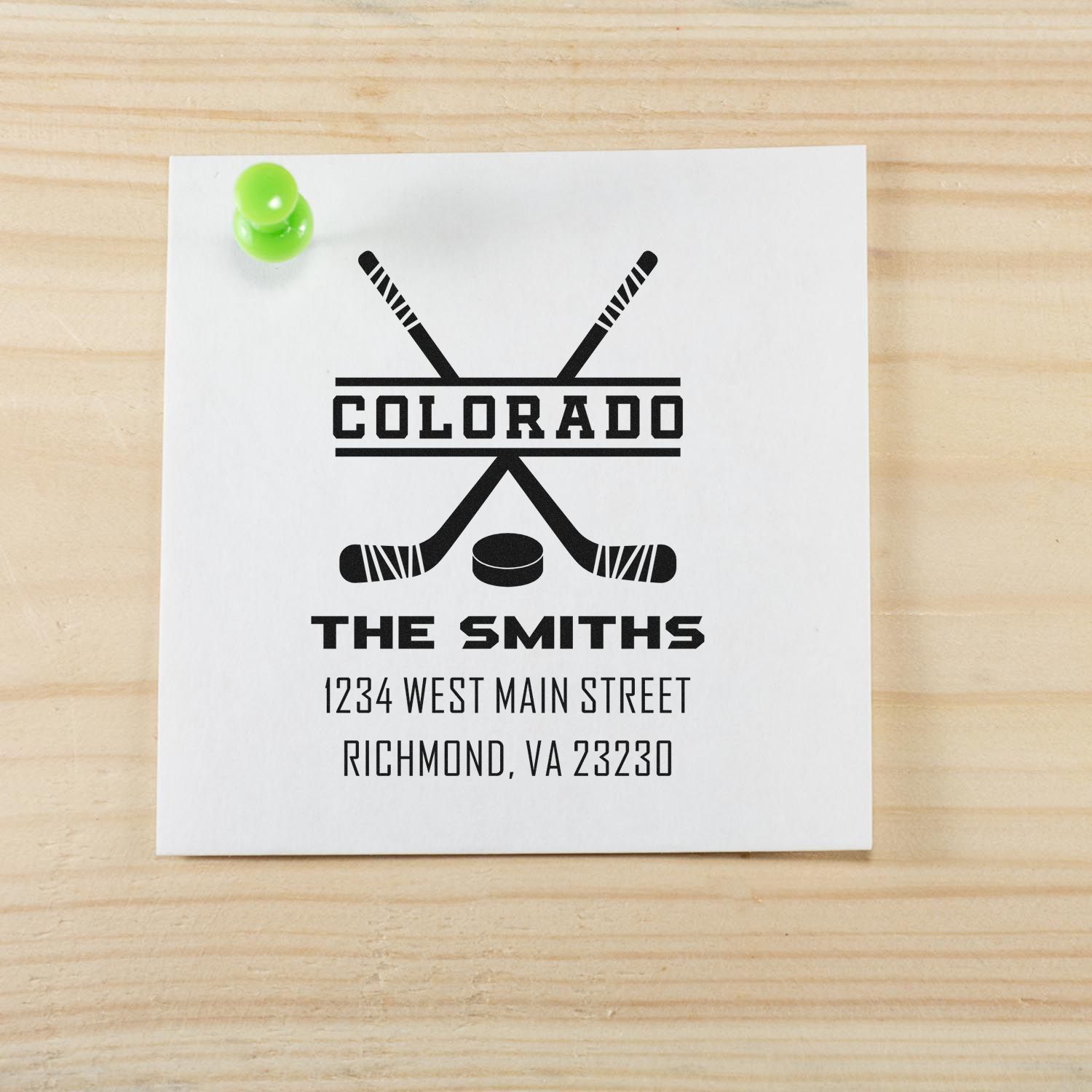Custom Colorado hockey family return address rubber stamp with The Smiths name and address.