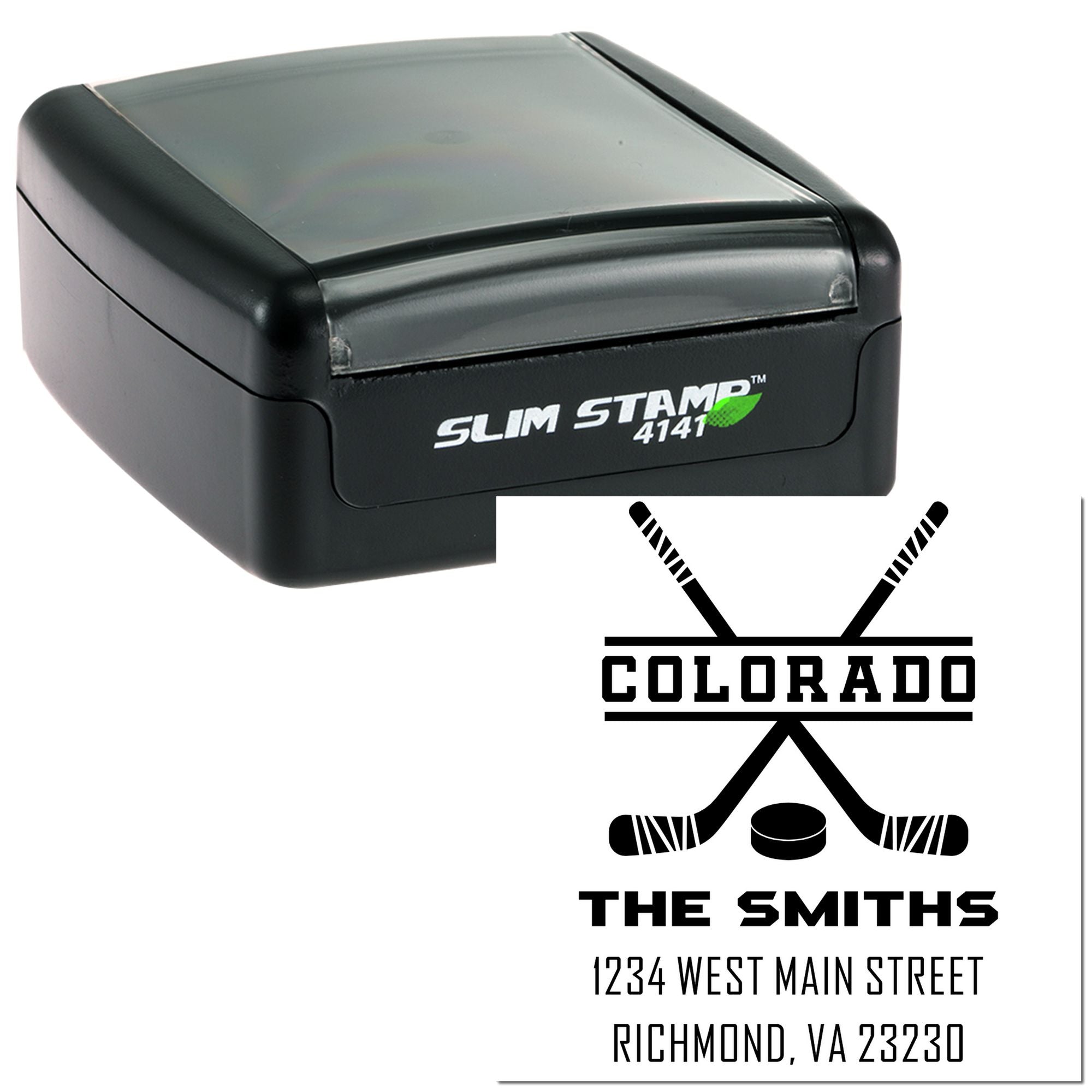 Custom self-inking rubber stamp with Colorado hockey logo, The Smiths name, and return address imprint.