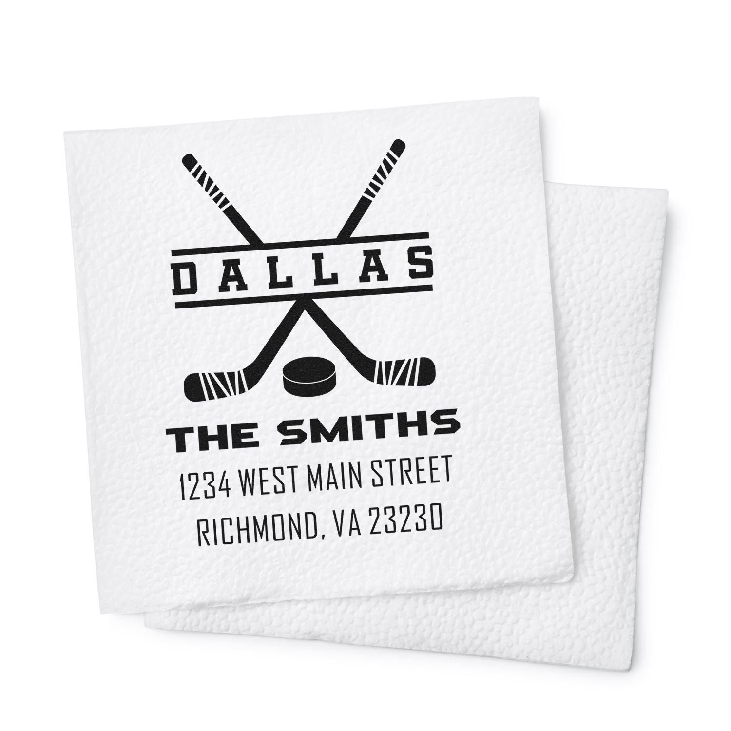 Personalized hockey family address rubber stamp with crossed sticks, puck, and custom name for wedding or home mail.