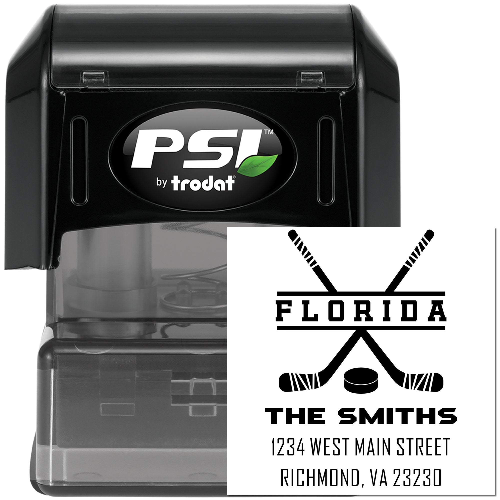 Custom self-inking rubber stamp by PSI Trodat with Florida hockey design, The Smiths address stamp for envelopes and labels.