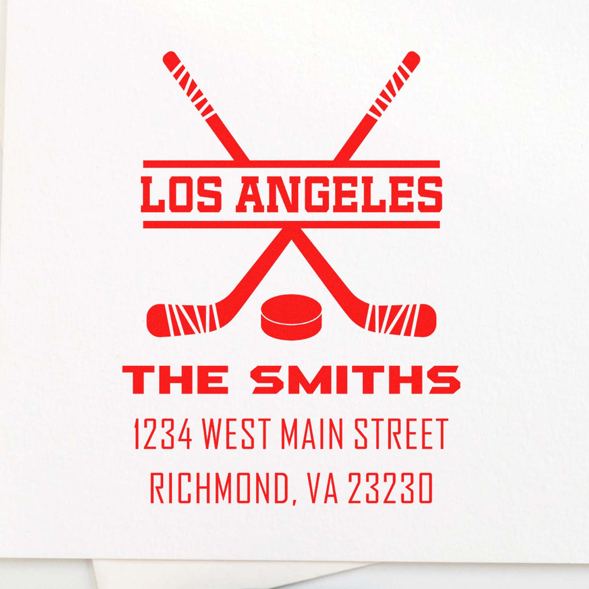 Custom Los Angeles hockey return address stamp for The Smiths, with Richmond, VA address in red.