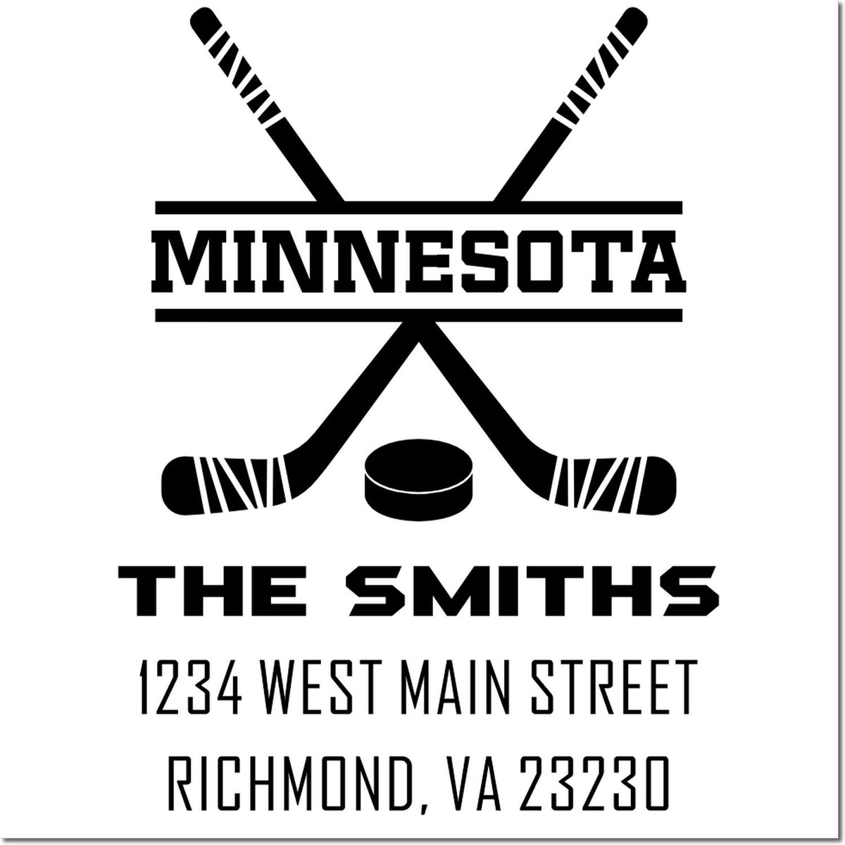 Custom Minnesota hockey rubber stamp for The Smiths with crossed sticks and Richmond, VA 23230 return address.