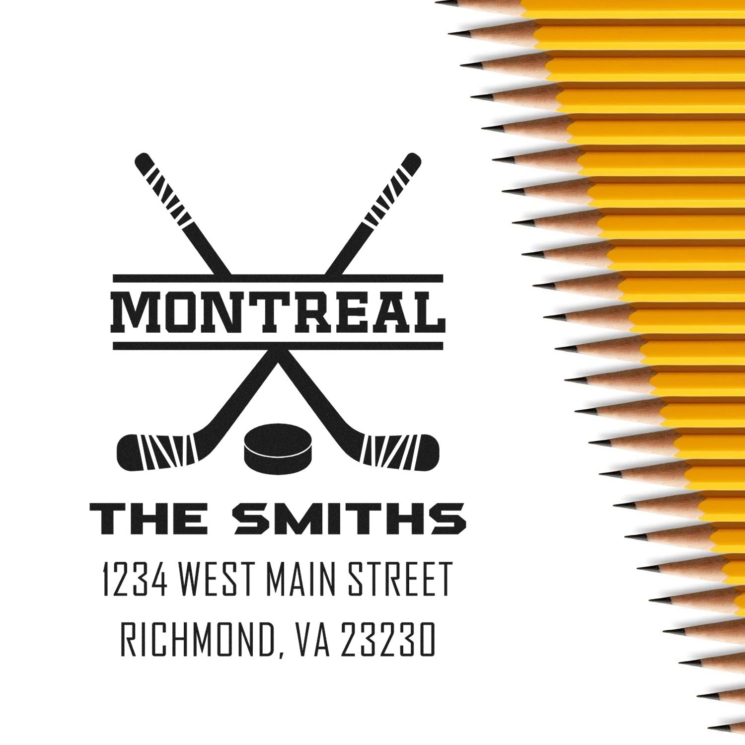 Custom hockey return address rubber stamp for The Smiths, with Montreal logo and Richmond, VA address.