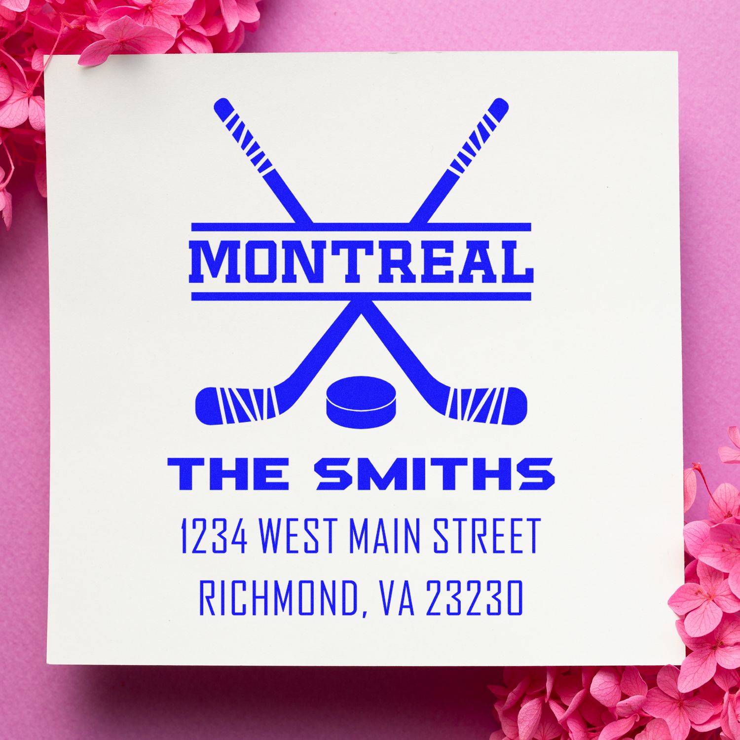 Personalized Montreal hockey return address rubber stamp for The Smiths with name, address, crossed sticks, and puck design.