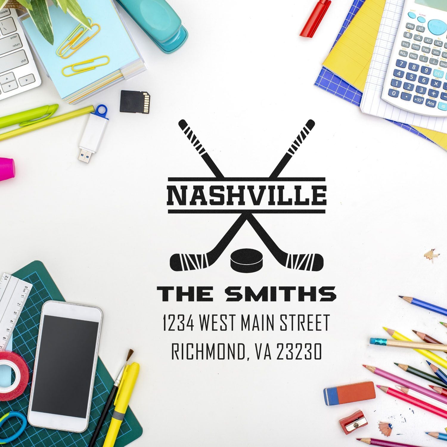 Custom hockey family return address rubber stamp with crossed sticks, Nashville, The Smiths, and Richmond, VA address.