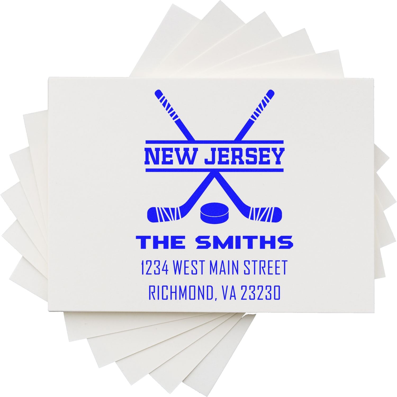 Custom hockey family address rubber stamp featuring New Jersey logo, The Smiths, and Richmond, VA return address.