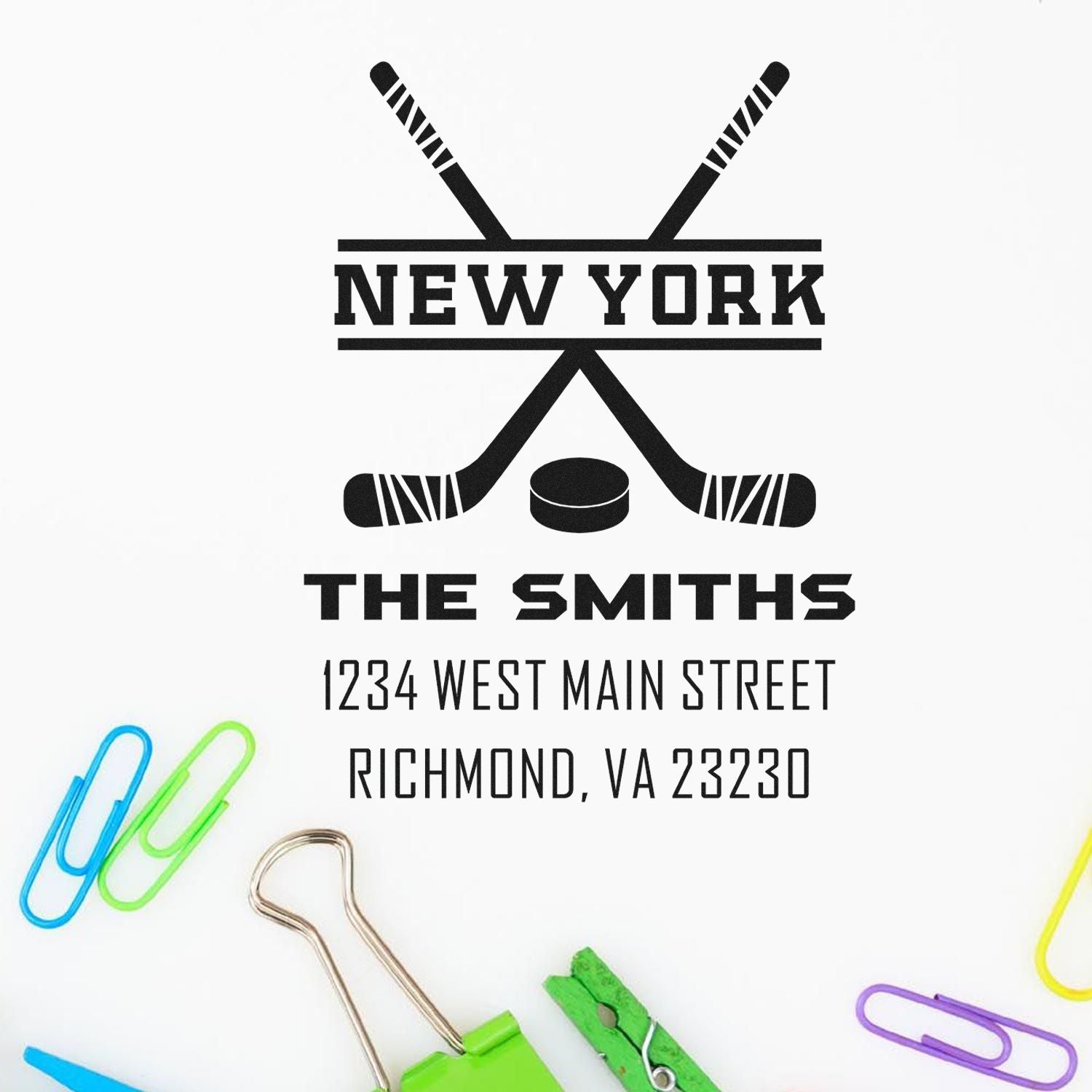 Personalized hockey return address rubber stamp with crossed sticks, New York, The Smiths, and custom address.
