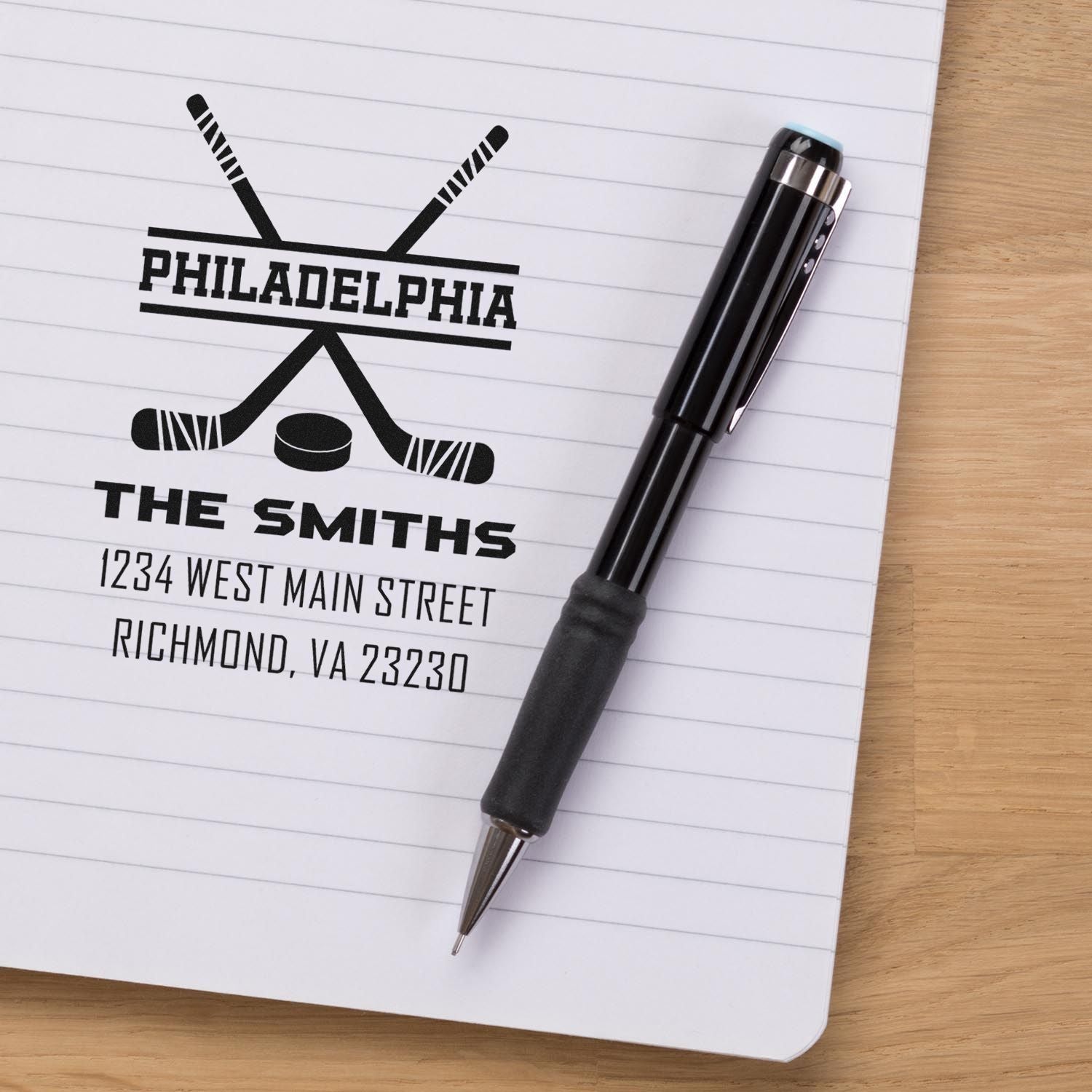 Custom hockey-themed rubber address stamp with Philadelphia, The Smiths, and Richmond, VA return address.
