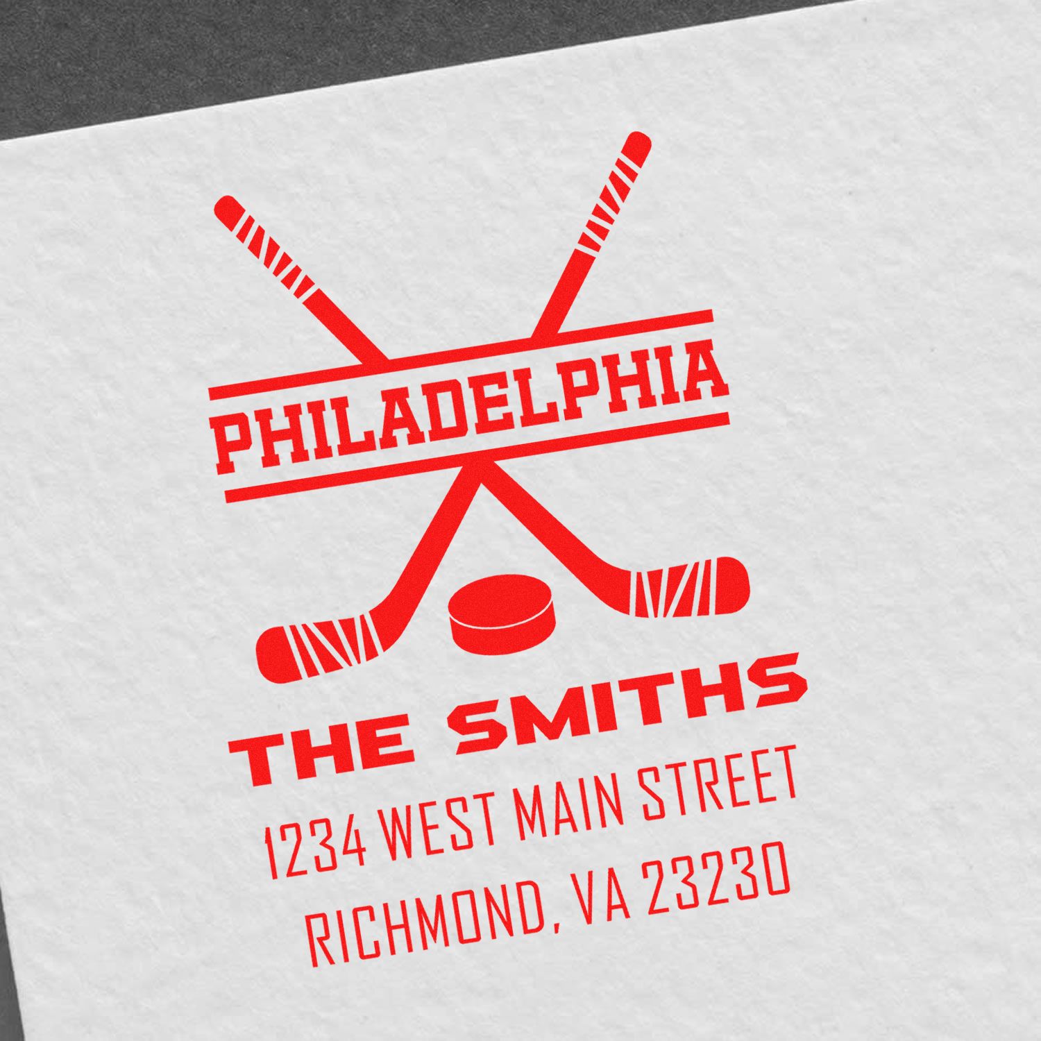 Custom hockey rubber stamp imprint with Philadelphia, The Smiths, and Richmond, VA return address.