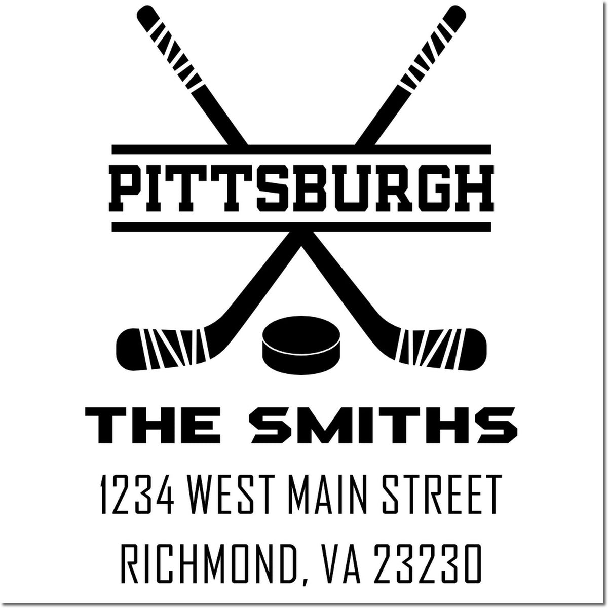 Custom Pittsburgh hockey return address rubber stamp for The Smiths, with crossed sticks, puck, and Richmond, VA 23230.
