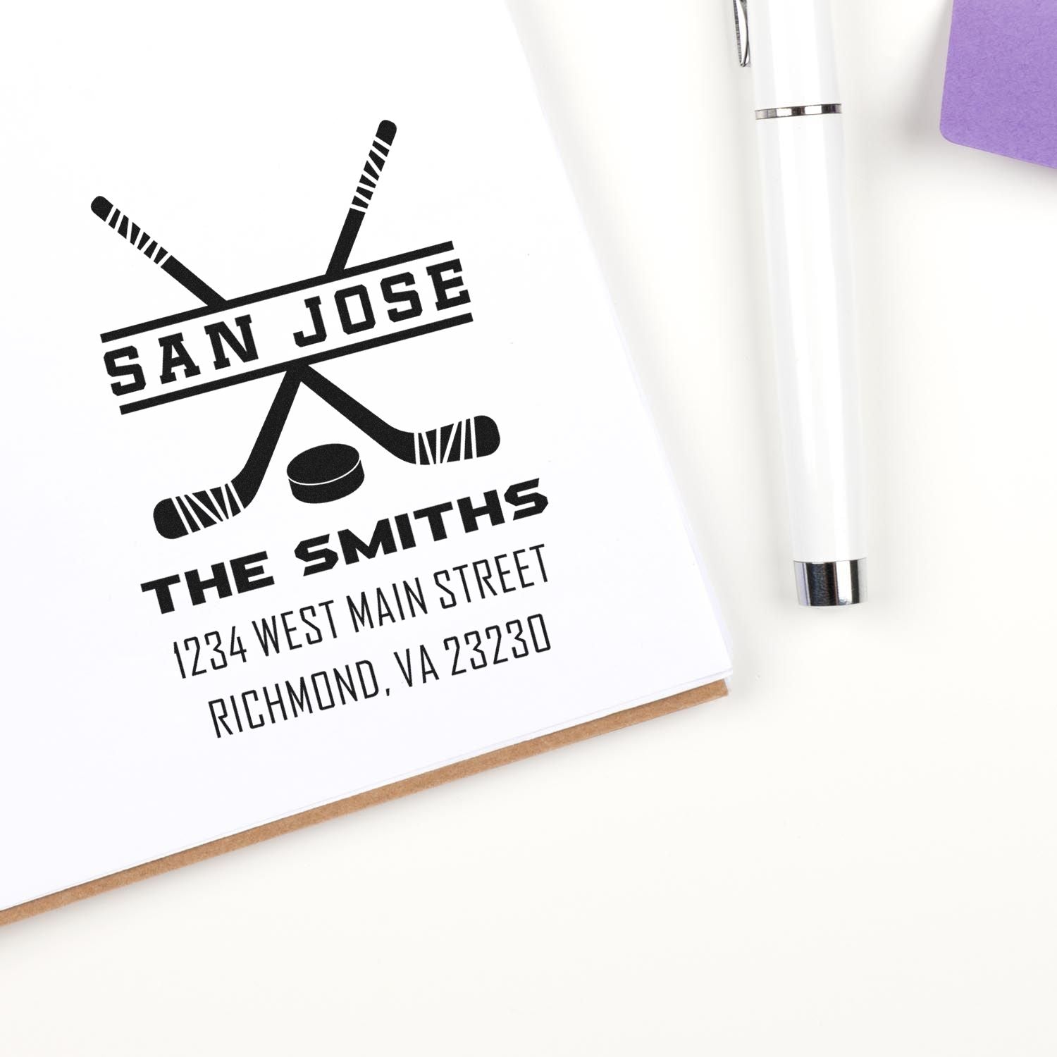 Personalized hockey address rubber stamp for The Smiths with San Jose design and Richmond, VA return address.