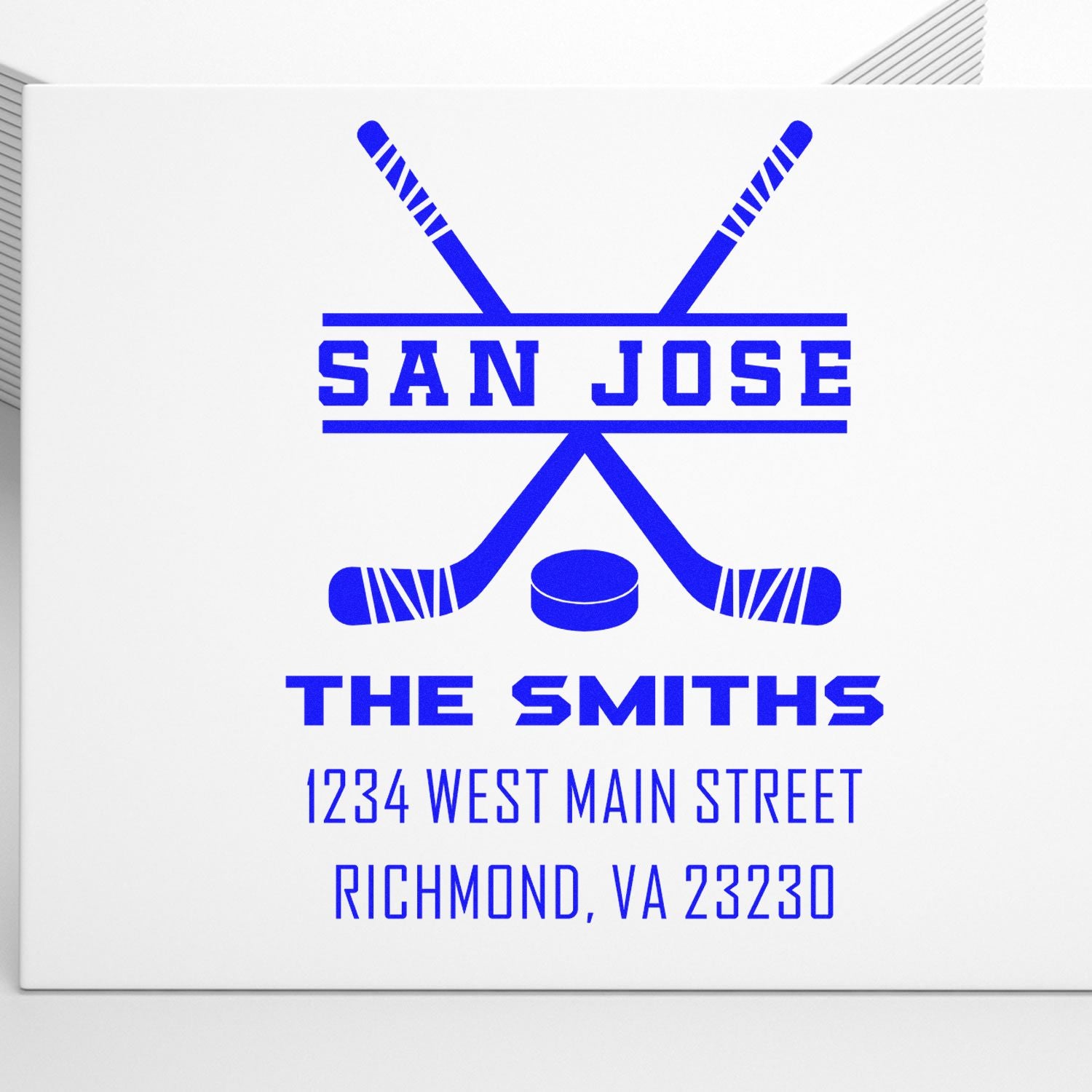 Custom hockey rubber stamp for San Jose The Smiths with crossed sticks, puck, and Richmond, VA 23230 address.