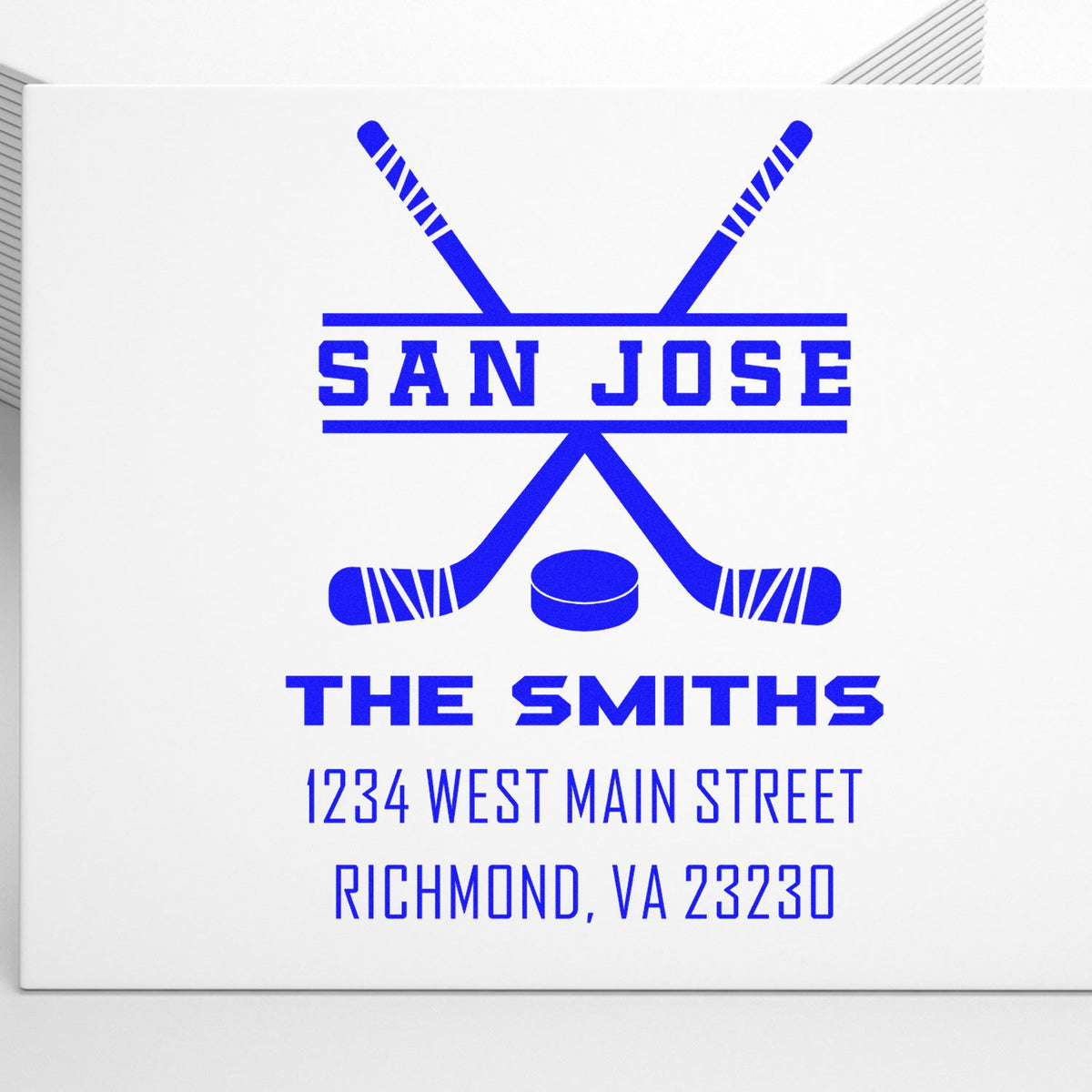 Custom hockey return address rubber stamp with San Jose logo, The Smiths, and Richmond, VA address.