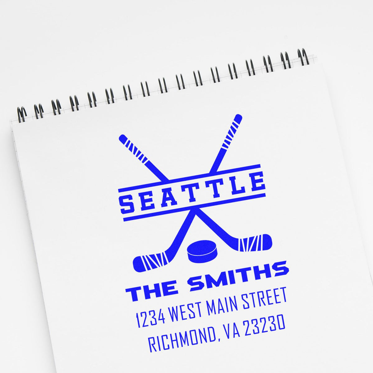 Custom hockey rubber stamp design for The Smiths, with Seattle team logo and return address for Richmond, VA.
