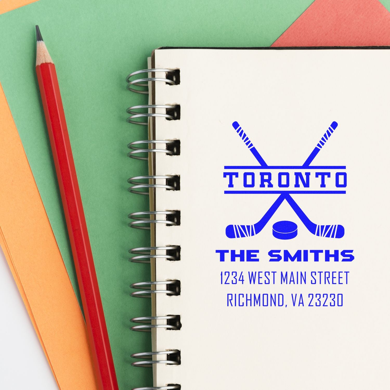 Custom hockey return address rubber stamp with Toronto, The Smiths, and Richmond, VA address.