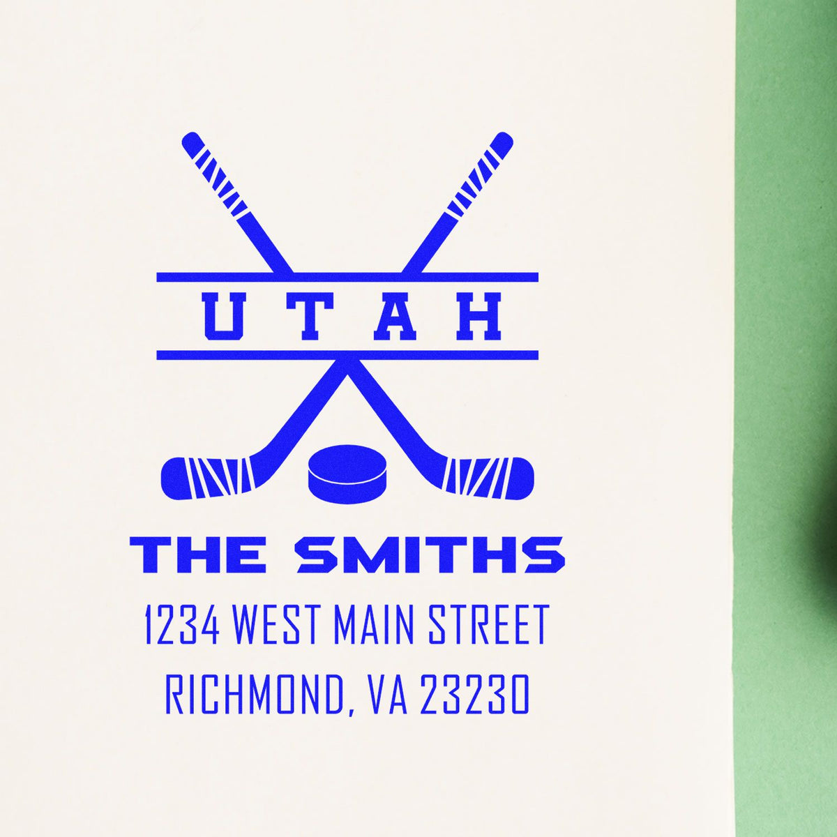 Custom Utah hockey return address rubber stamp for The Smiths, with crossed sticks, puck, and Richmond, VA address.