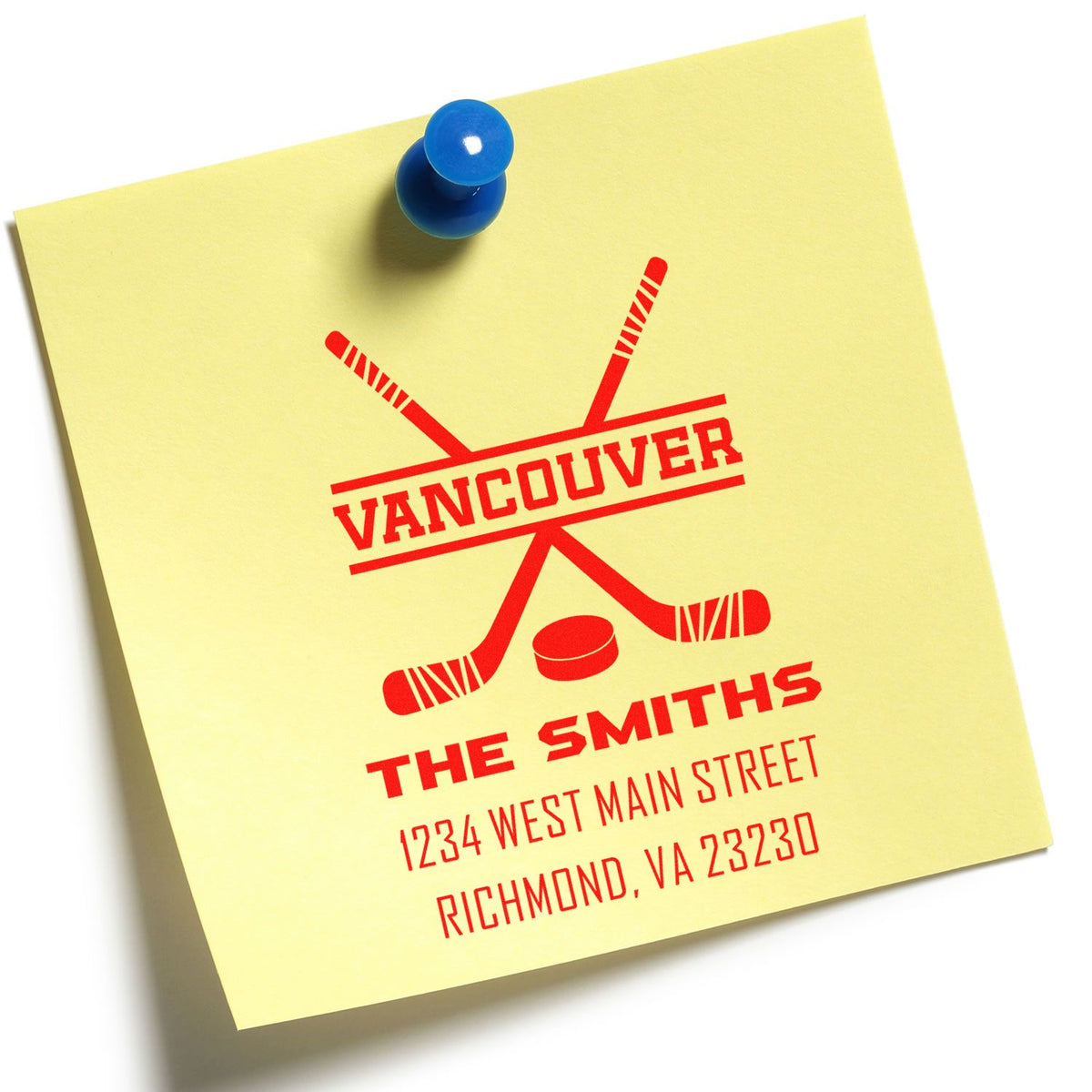Custom return address rubber stamp for The Smiths, featuring Vancouver hockey design and Richmond, VA address.
