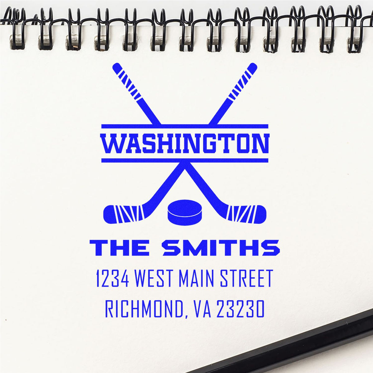 Custom rubber stamp with blue hockey logo for Washington The Smiths, 1234 West Main Street, Richmond, VA 23230.