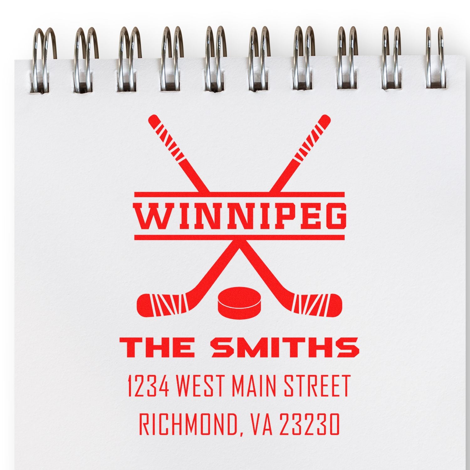 Custom hockey return address rubber stamp for Winnipeg, The Smiths, Richmond, VA 23230