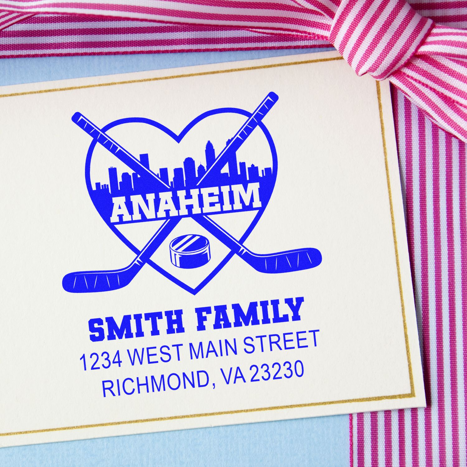 Custom hockey return address rubber stamp with Anaheim heart logo, Smith Family name, and Richmond, VA address.
