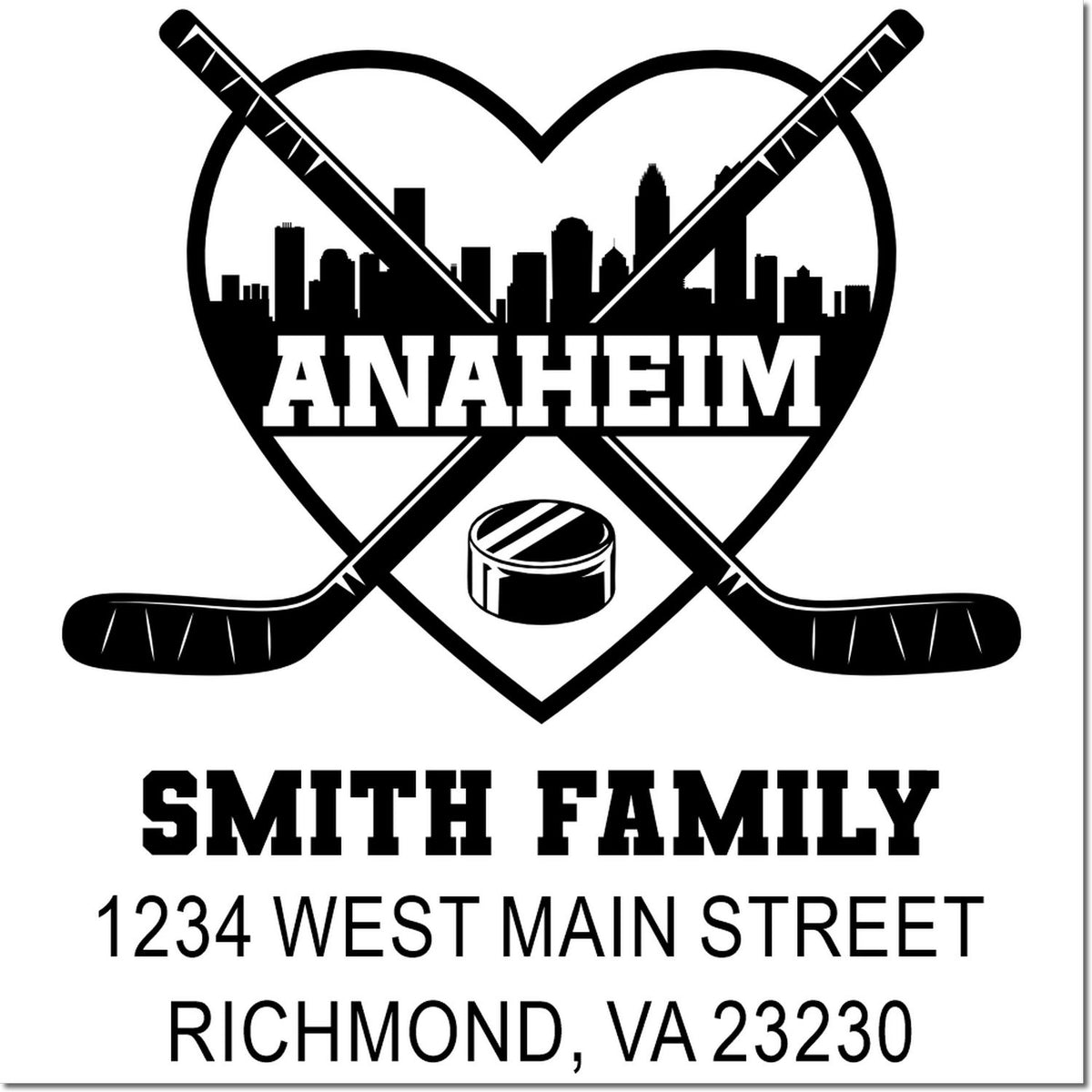 Custom hockey family address rubber stamp with skyline, crossed sticks, puck, Smith Family name, and Richmond, VA address.