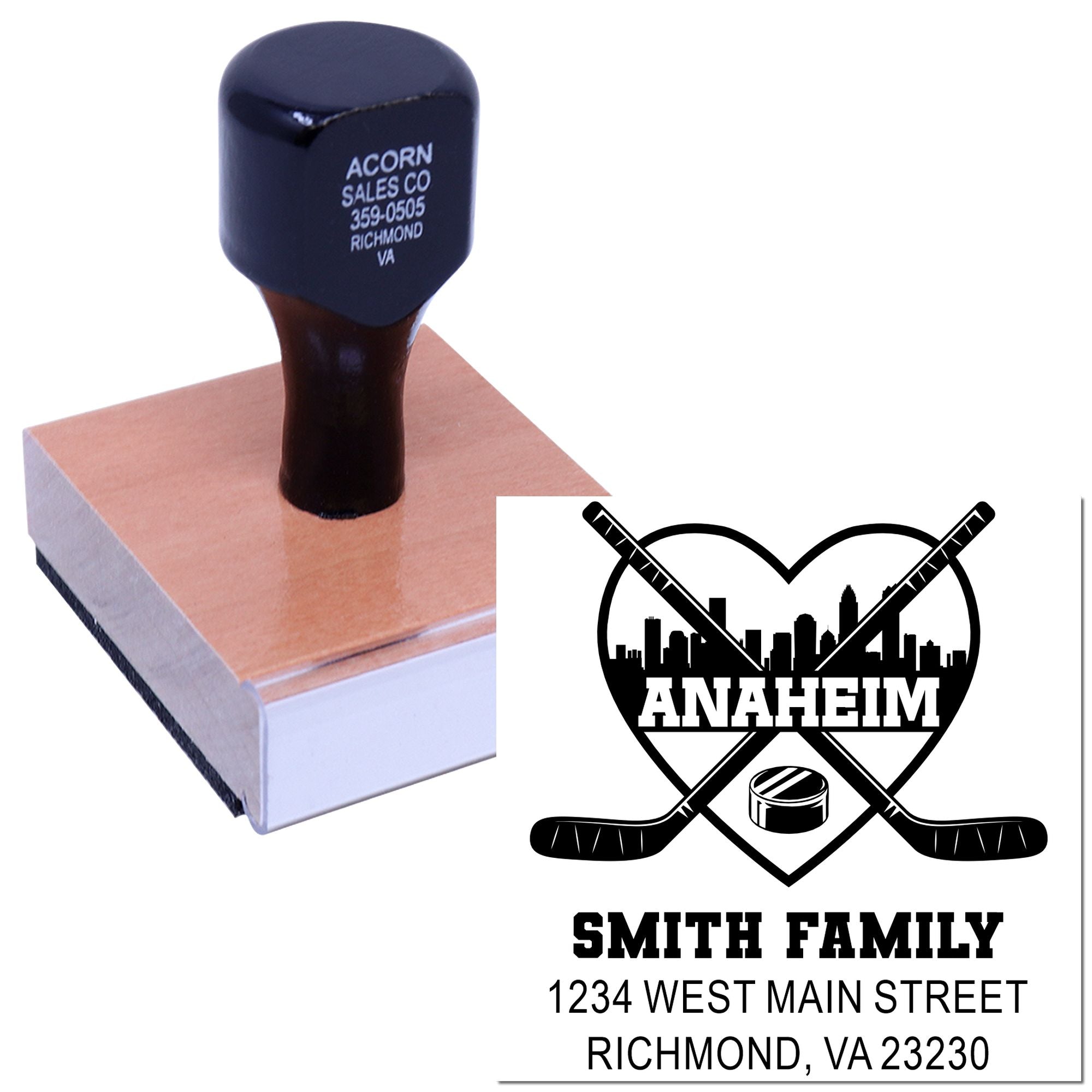 Personalized address rubber stamp with baseball logo and family name for mailing and custom branding.