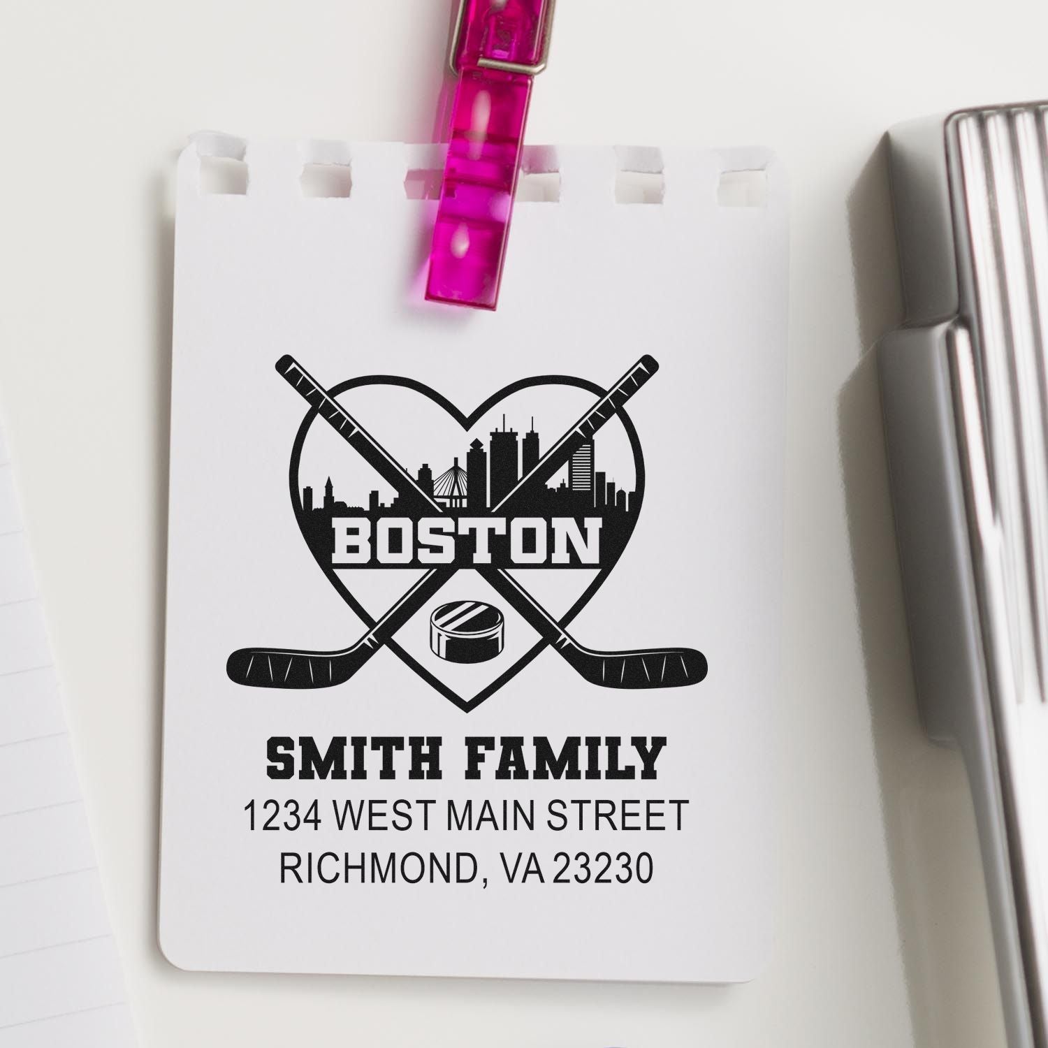 Personalized Boston hockey family return address rubber stamp with crossed hockey sticks and skyline for custom mailings.