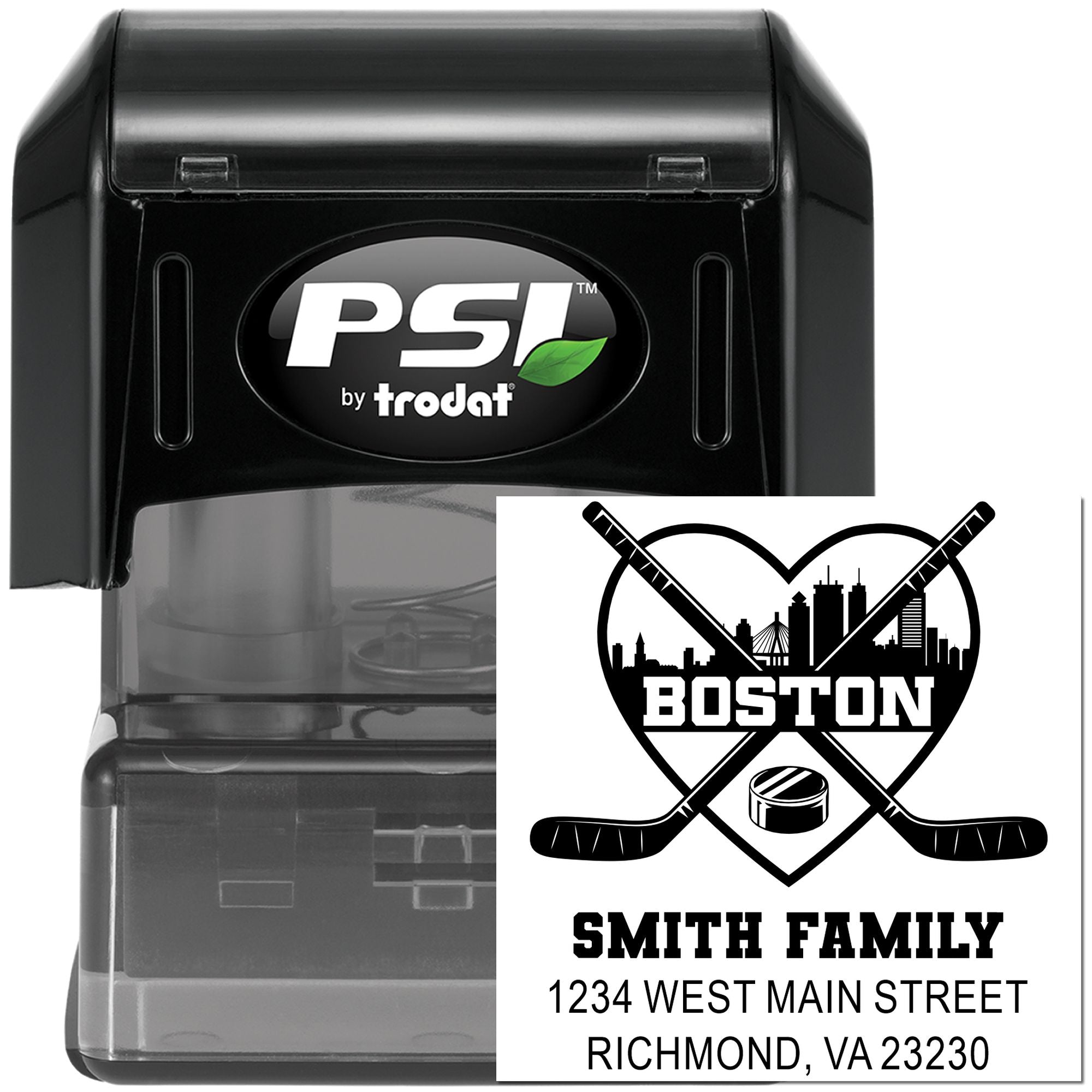 Custom self-inking rubber stamp with Boston hockey design, Smith Family name, and address imprint by PSI Trodat.