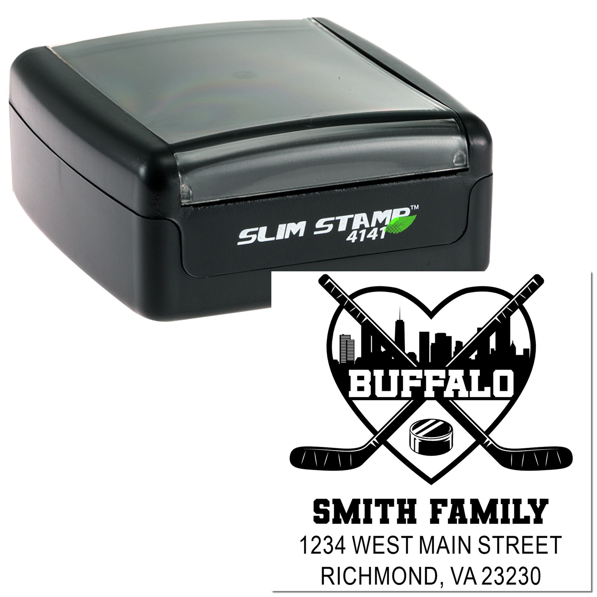 Custom self-inking Slim Stamp 4141 rubber stamp with Buffalo hockey family return address design and personalized name and address.