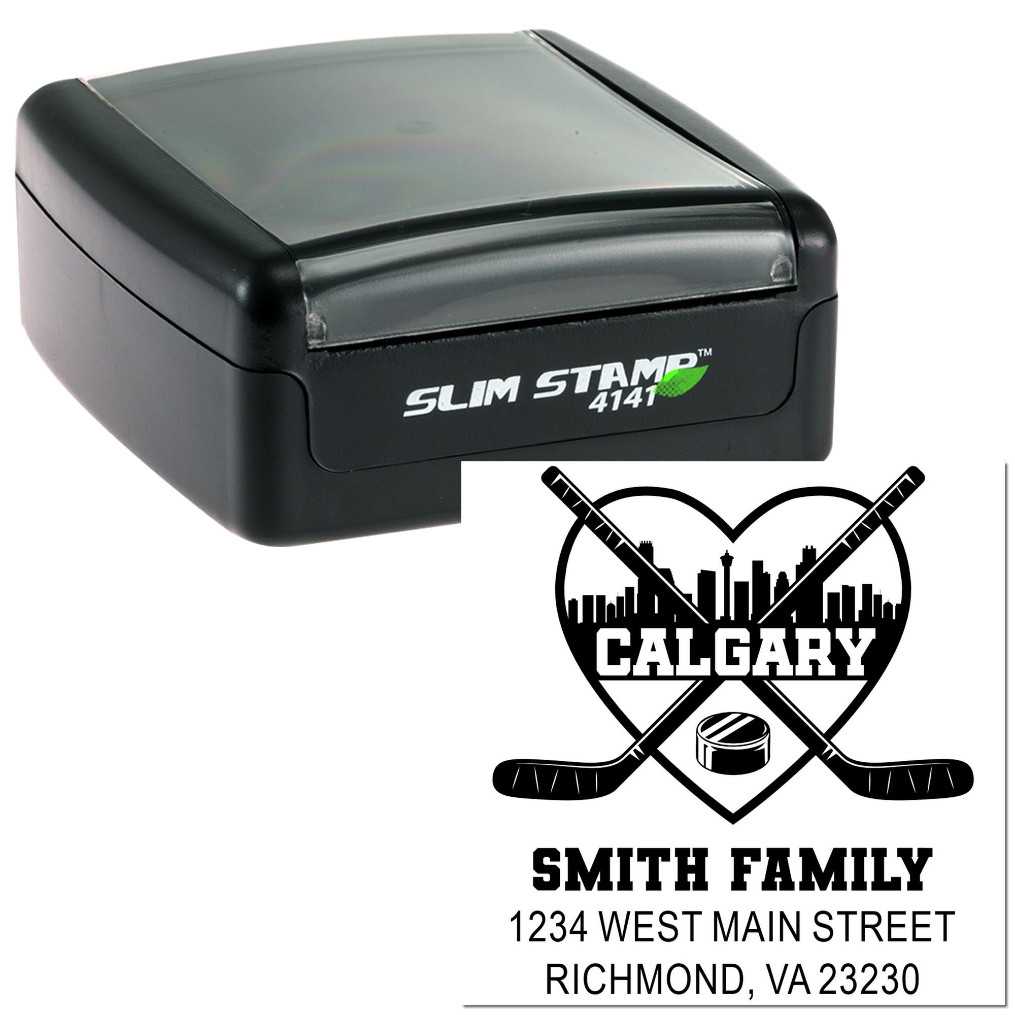 Slim Stamp 4141 custom self-inking rubber stamp with hockey family logo and address imprint for Calgary mailing.