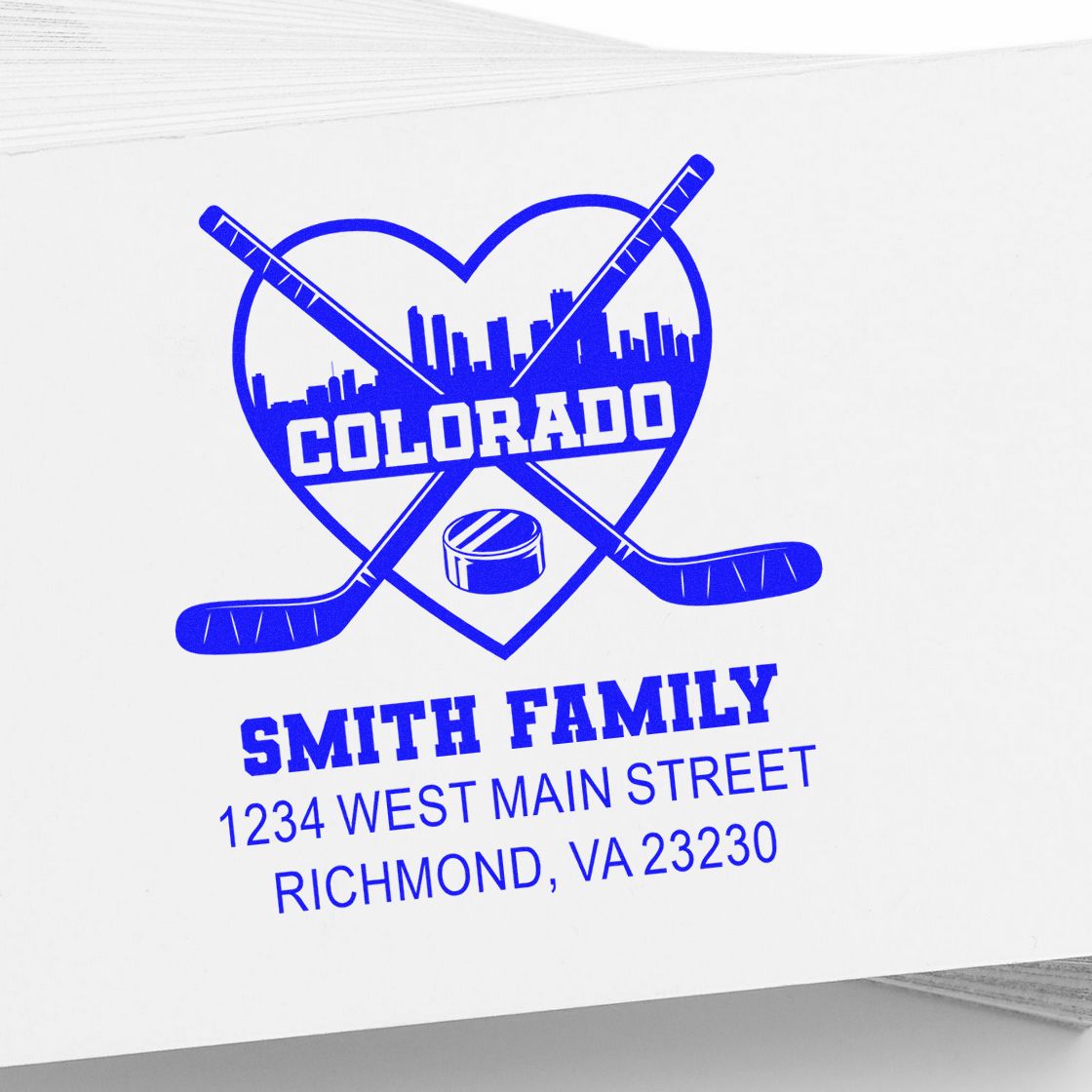 Custom hockey family rubber stamp with Colorado logo, Smith Family name, and Richmond, VA address.