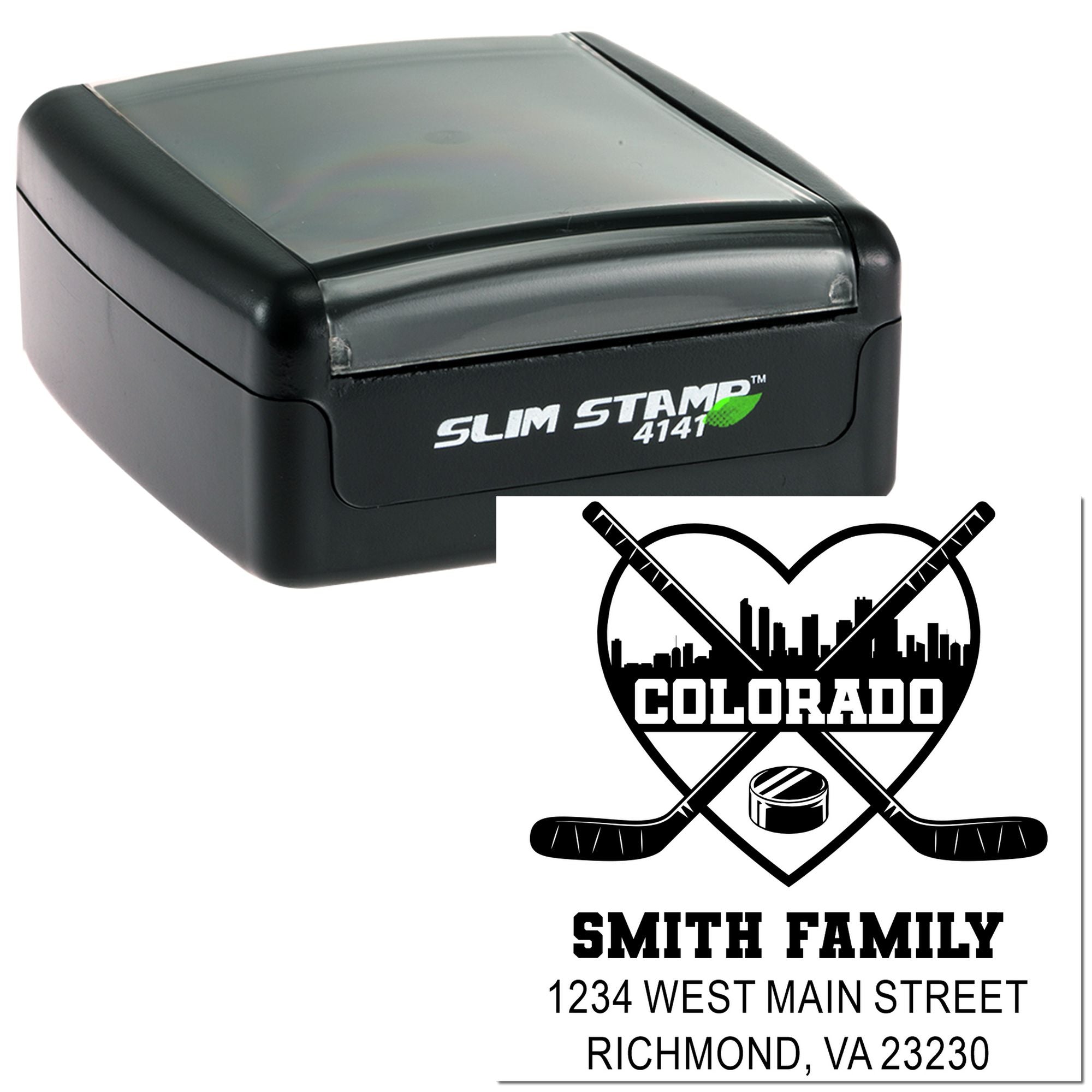 Slim Stamp 4141 self-inking custom rubber stamp with Colorado hockey family return address imprint