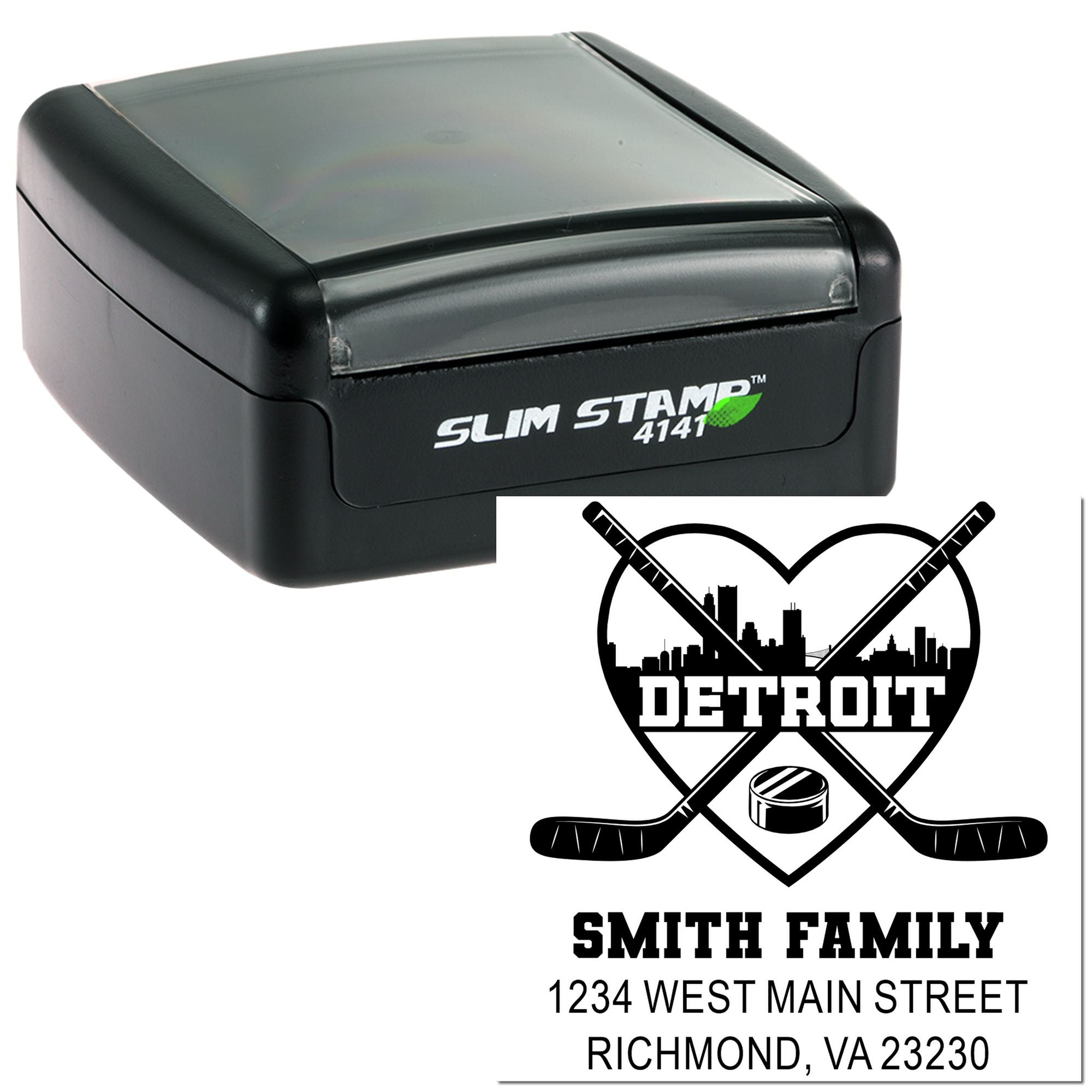 Custom self-inking rubber stamp with Detroit hockey family design, name, and address for personalized mailing.