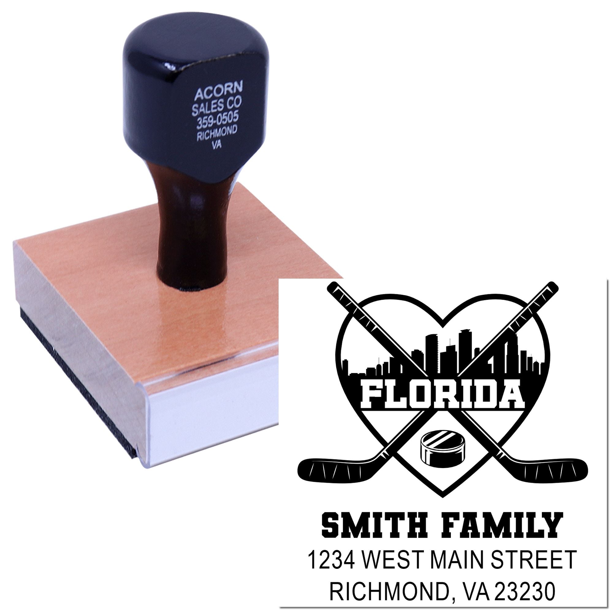 Custom hockey family address rubber stamp with Florida logo and return address for personalized mail, gifts, or branding.