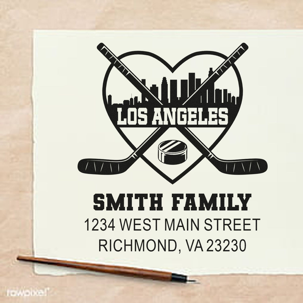 Custom hockey return address rubber stamp for Smith Family with Los Angeles skyline, name, and mailing address.