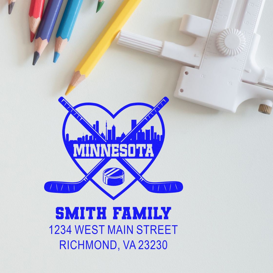 Custom hockey-themed address rubber stamp for Smith Family in Minnesota, with personalized return address design for mailing and stationery.