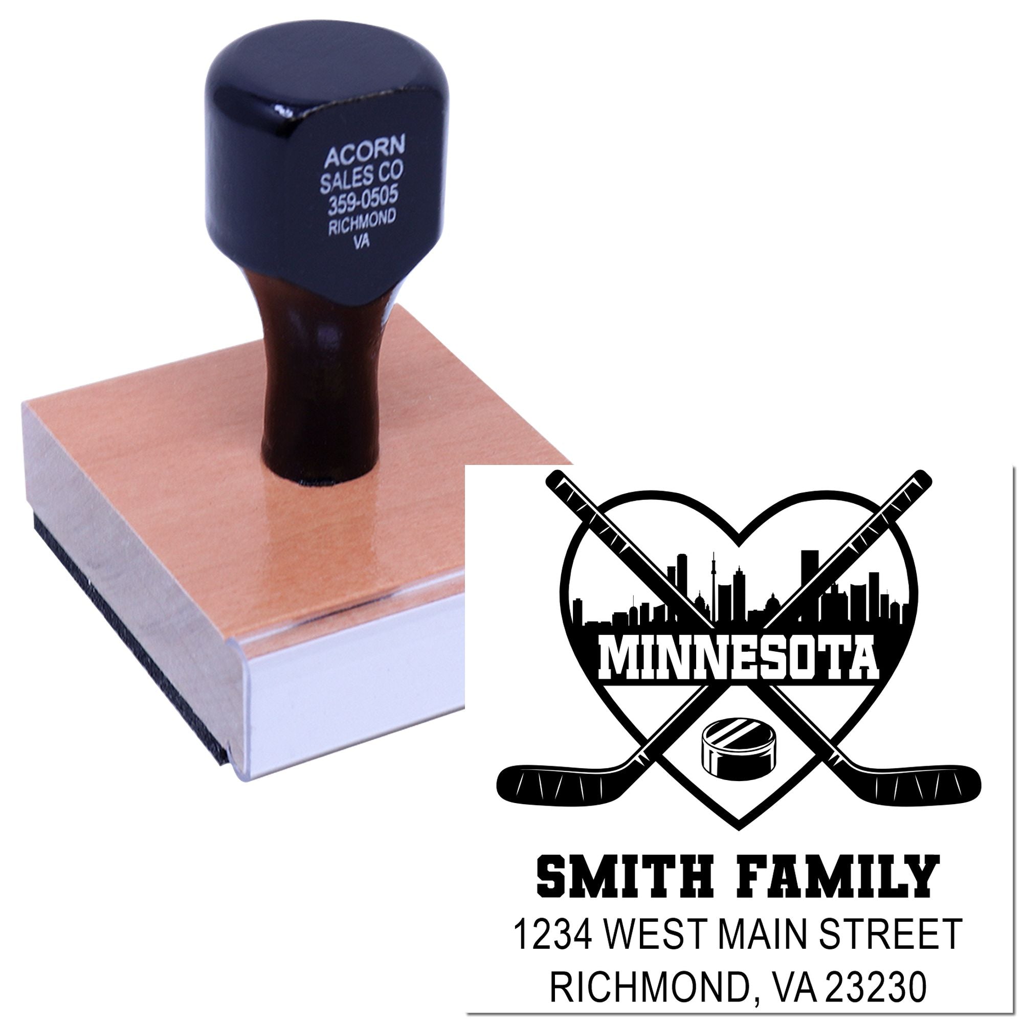 Custom hockey address rubber stamp with family name and mailing address for personalized branding.
