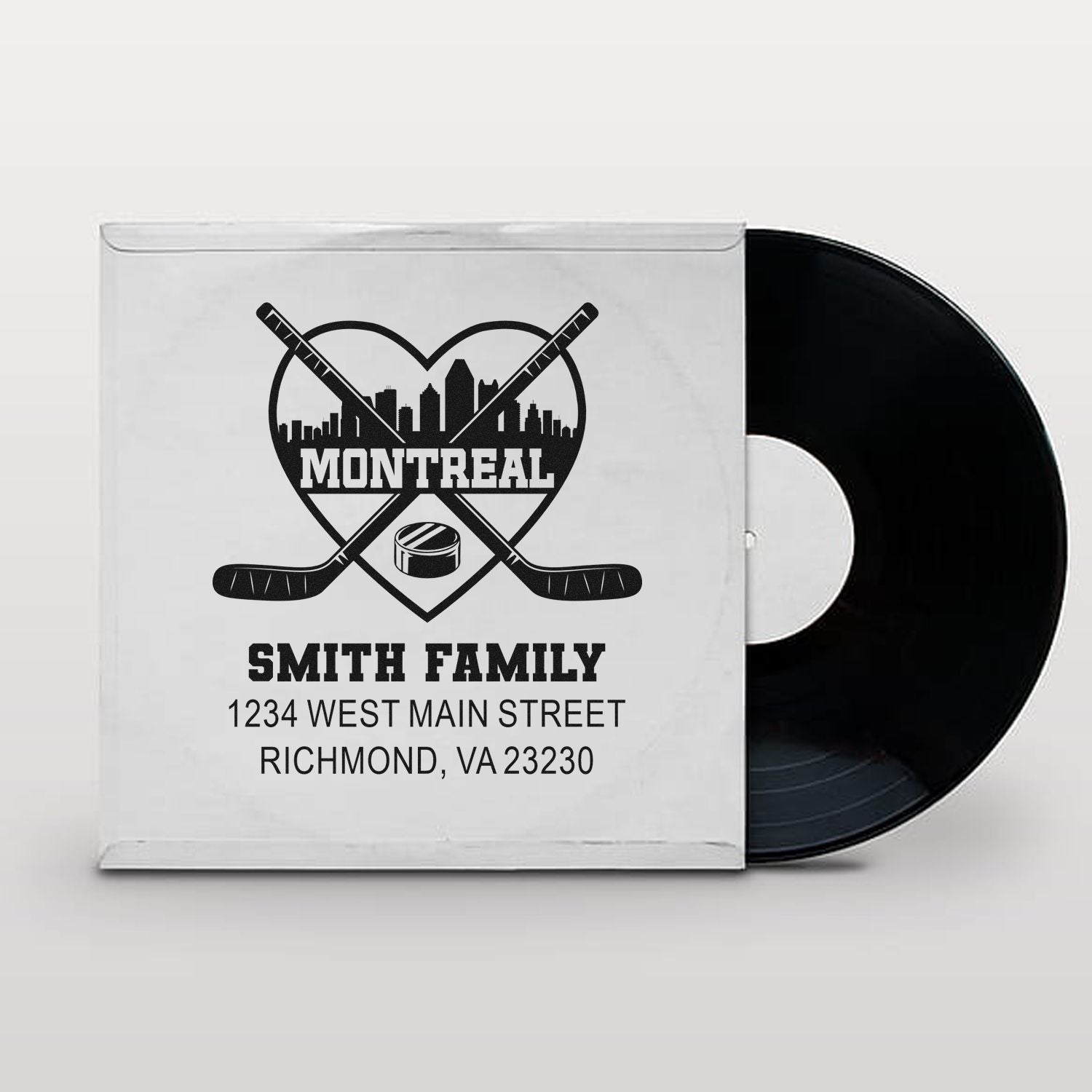 Custom Montreal hockey family address rubber stamp design with crossed hockey sticks, skyline, and Smith family mailing address.