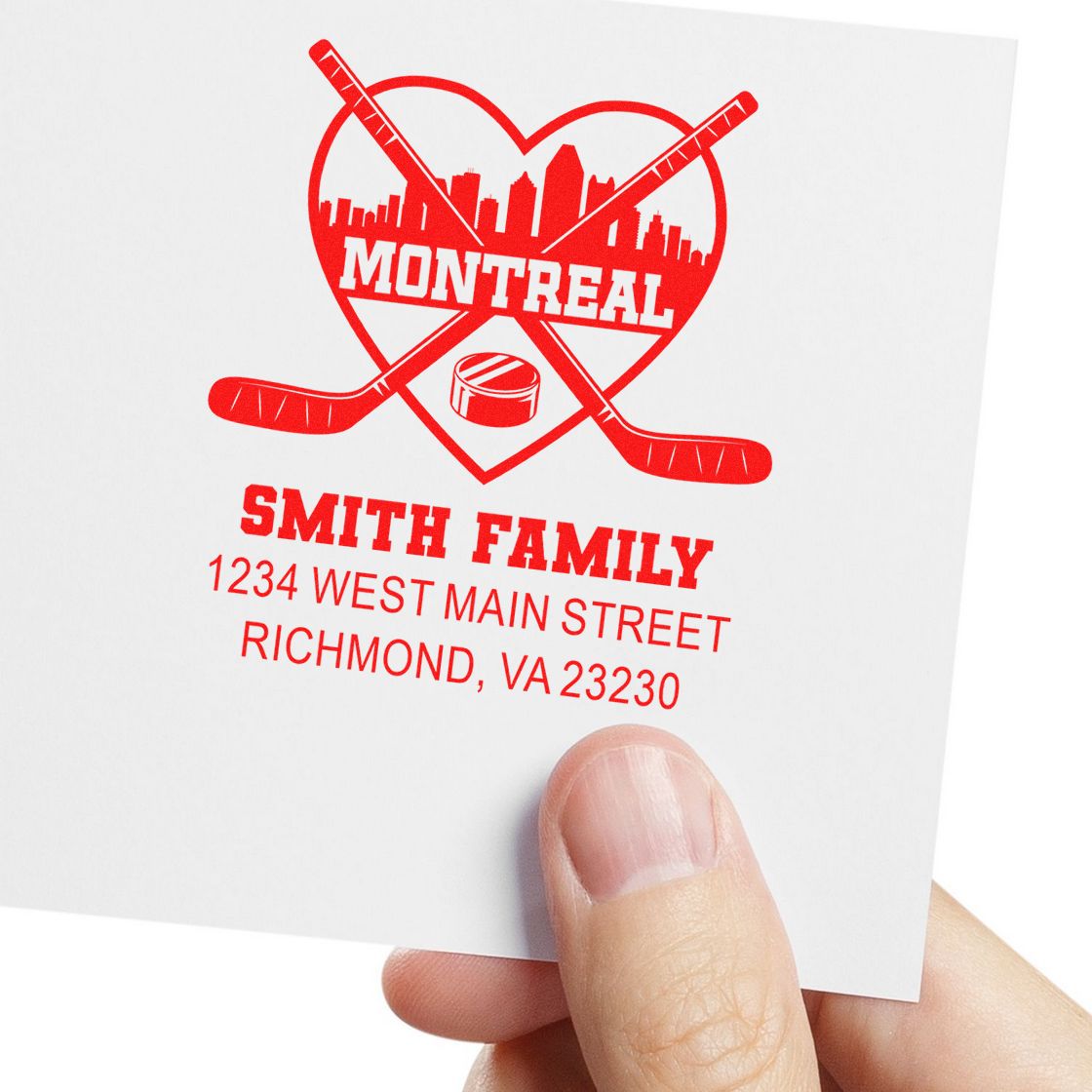 Custom return address rubber stamp with Montreal hockey design and Smith Family name for personalized mailing.