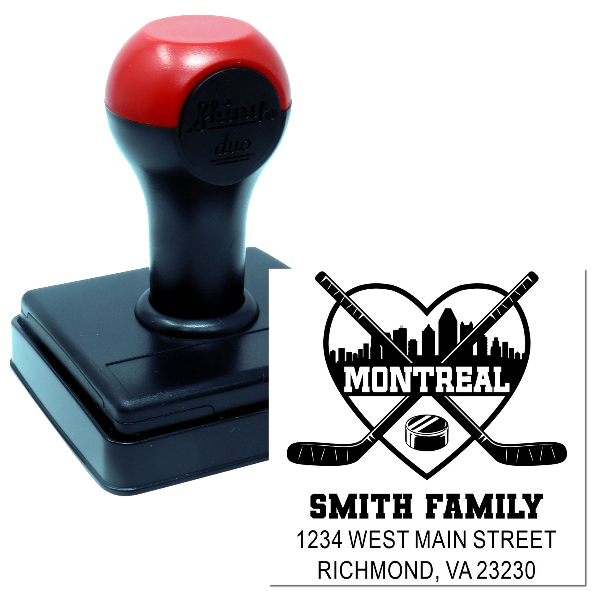 Custom self-inking rubber stamp with hockey-themed family name and address, ideal for personalized return address marking.