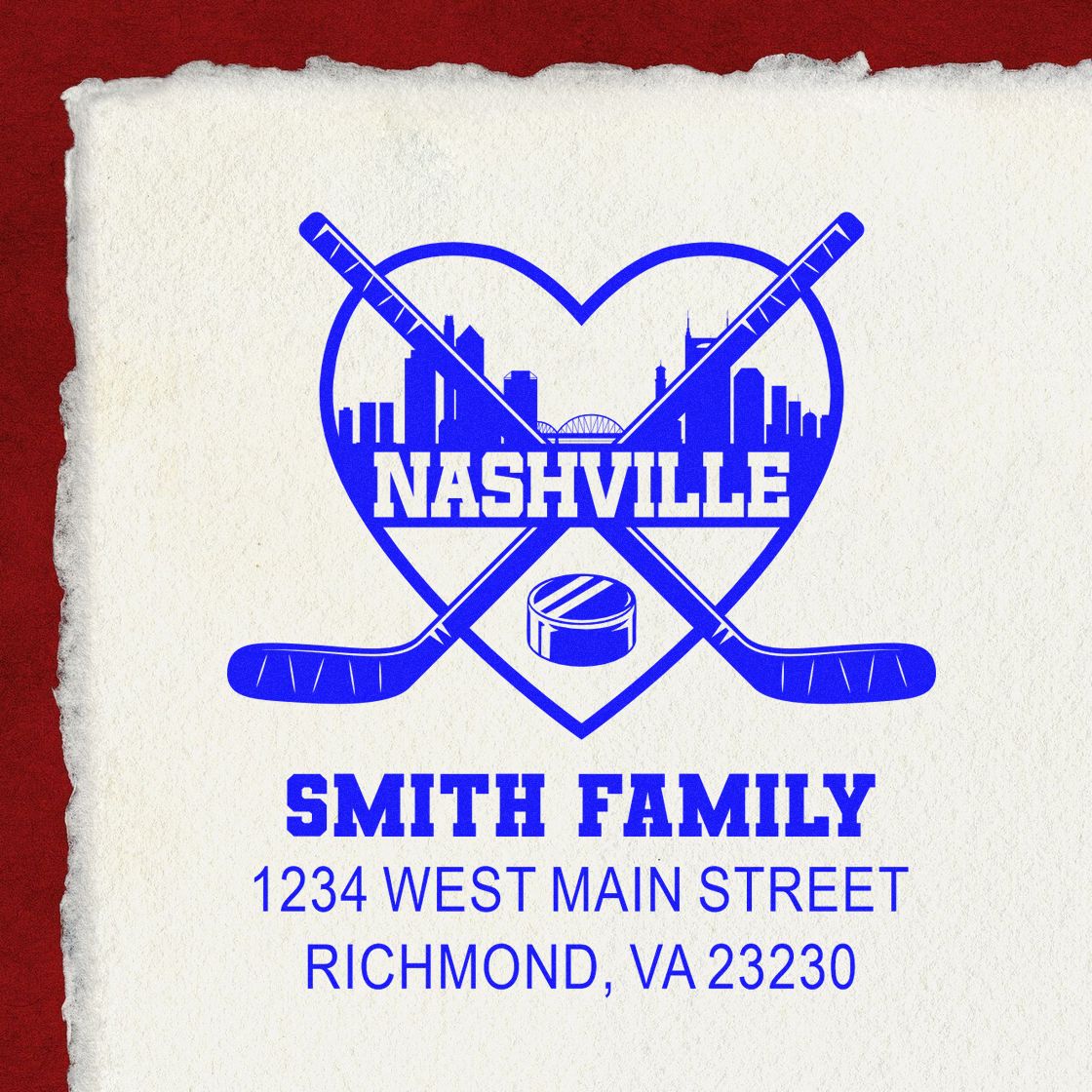 Custom Nashville hockey rubber stamp for Smith Family, featuring skyline, crossed sticks, puck, and Richmond, VA return address.